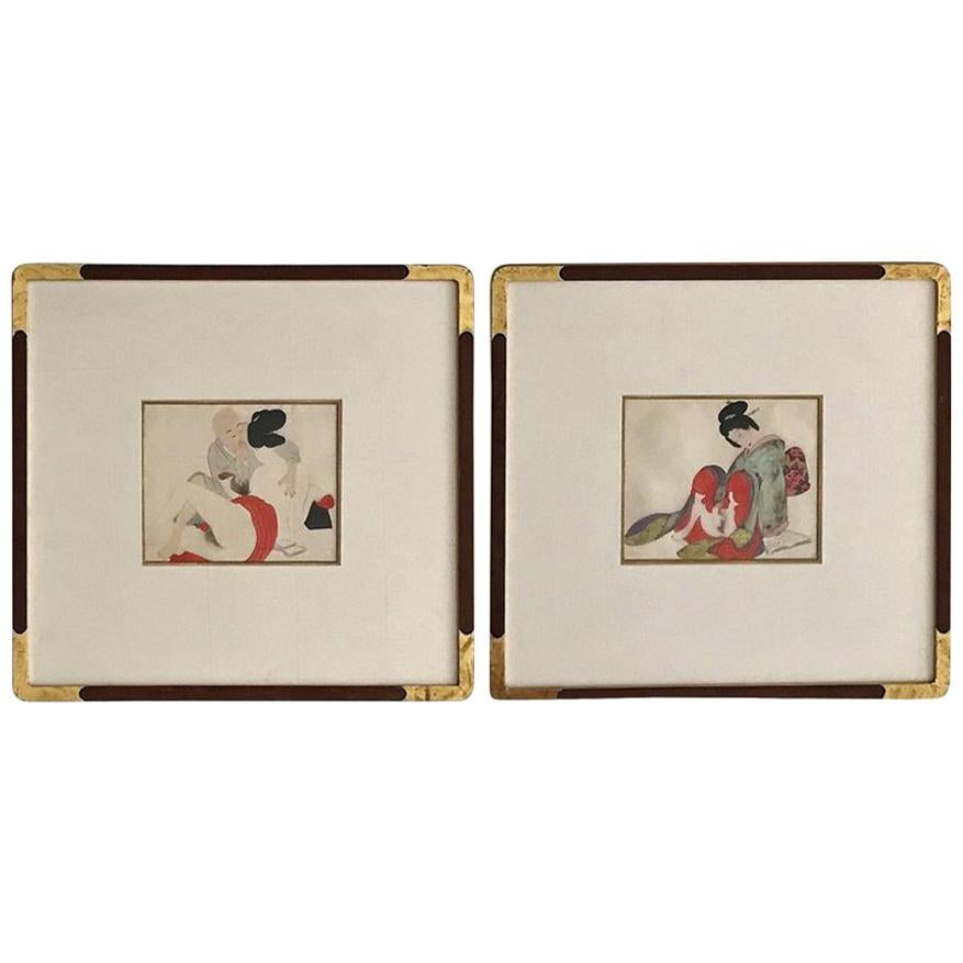 Pair of Framed Antique Japanese Shunga Paintings on Silk