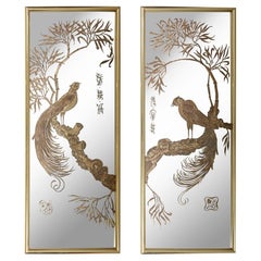 Pair of Framed Asian Style Engraved Mirrors With Pheasants