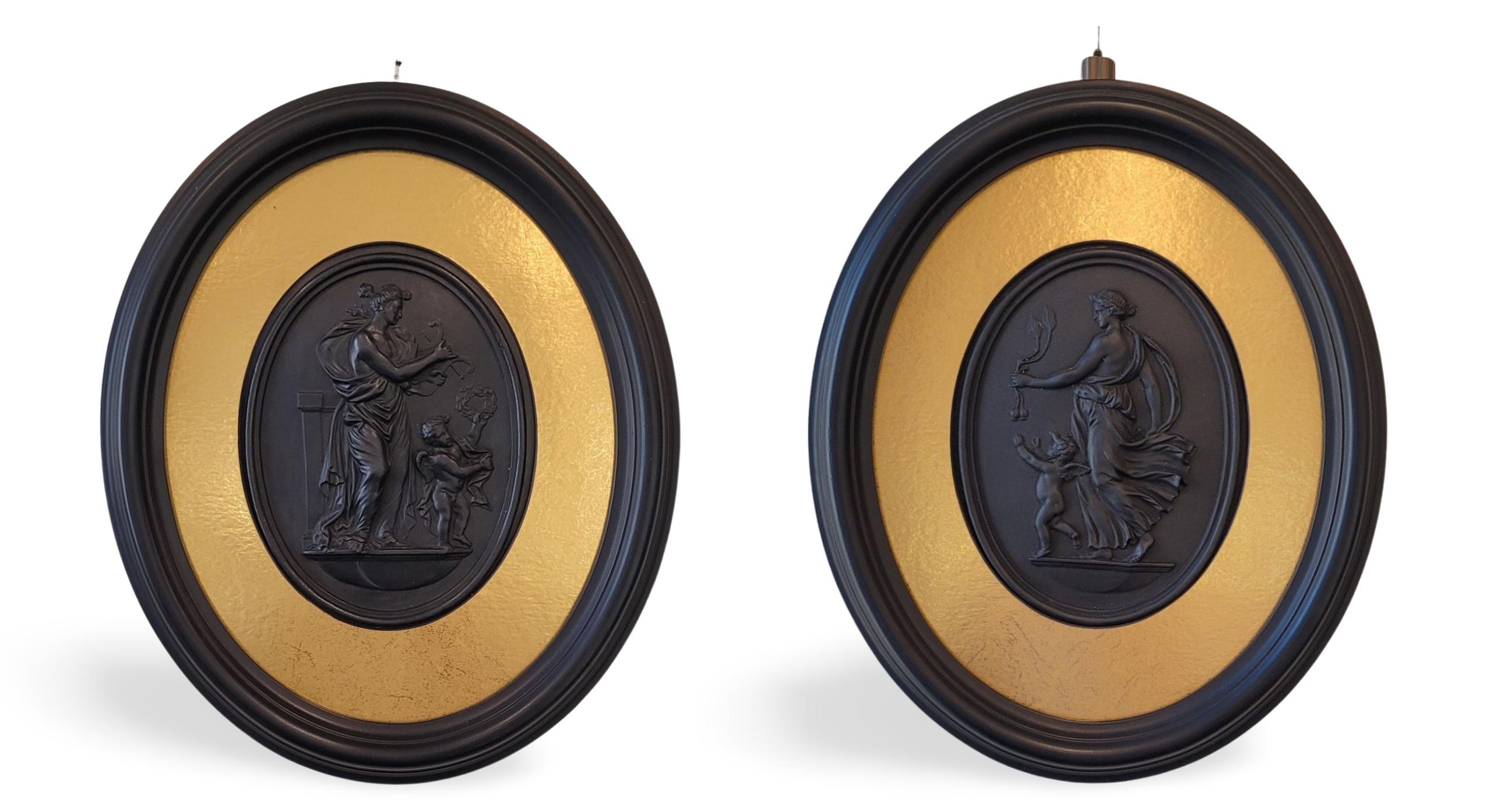 19th Century Pair of framed black basalt medallions, Wedgwood, circa 1880 For Sale