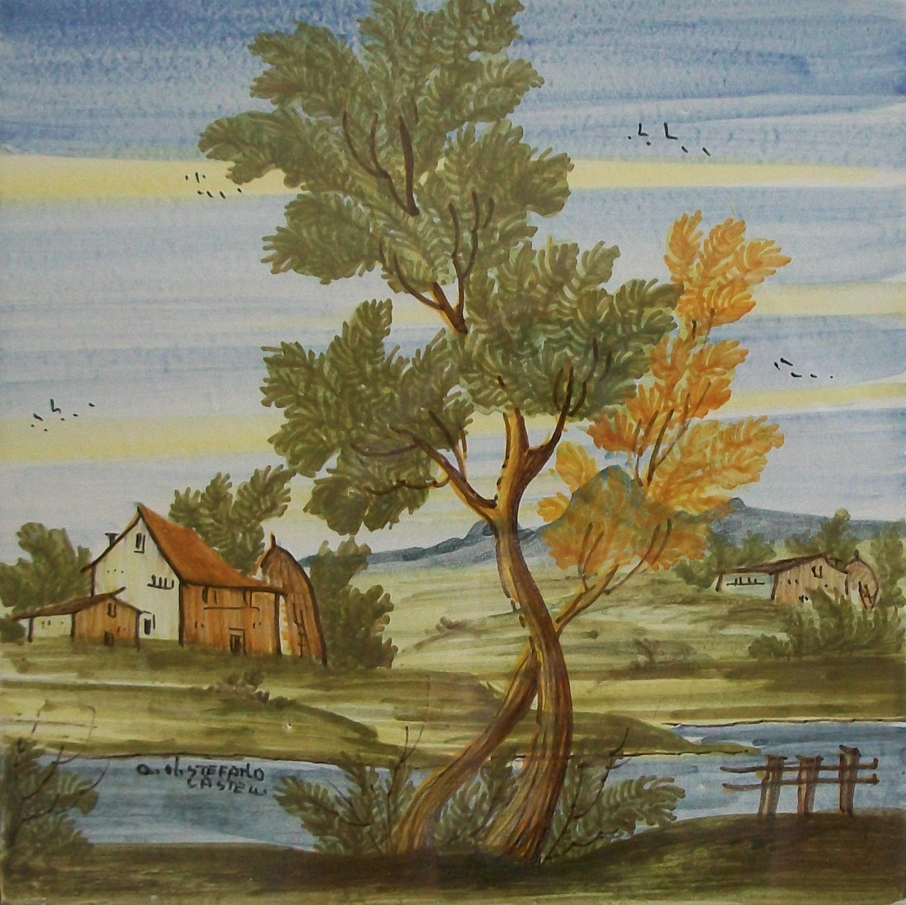 Pair of Framed Castelli Majolica Landscape Tiles - Italy - Mid 20th Century im Angebot 2