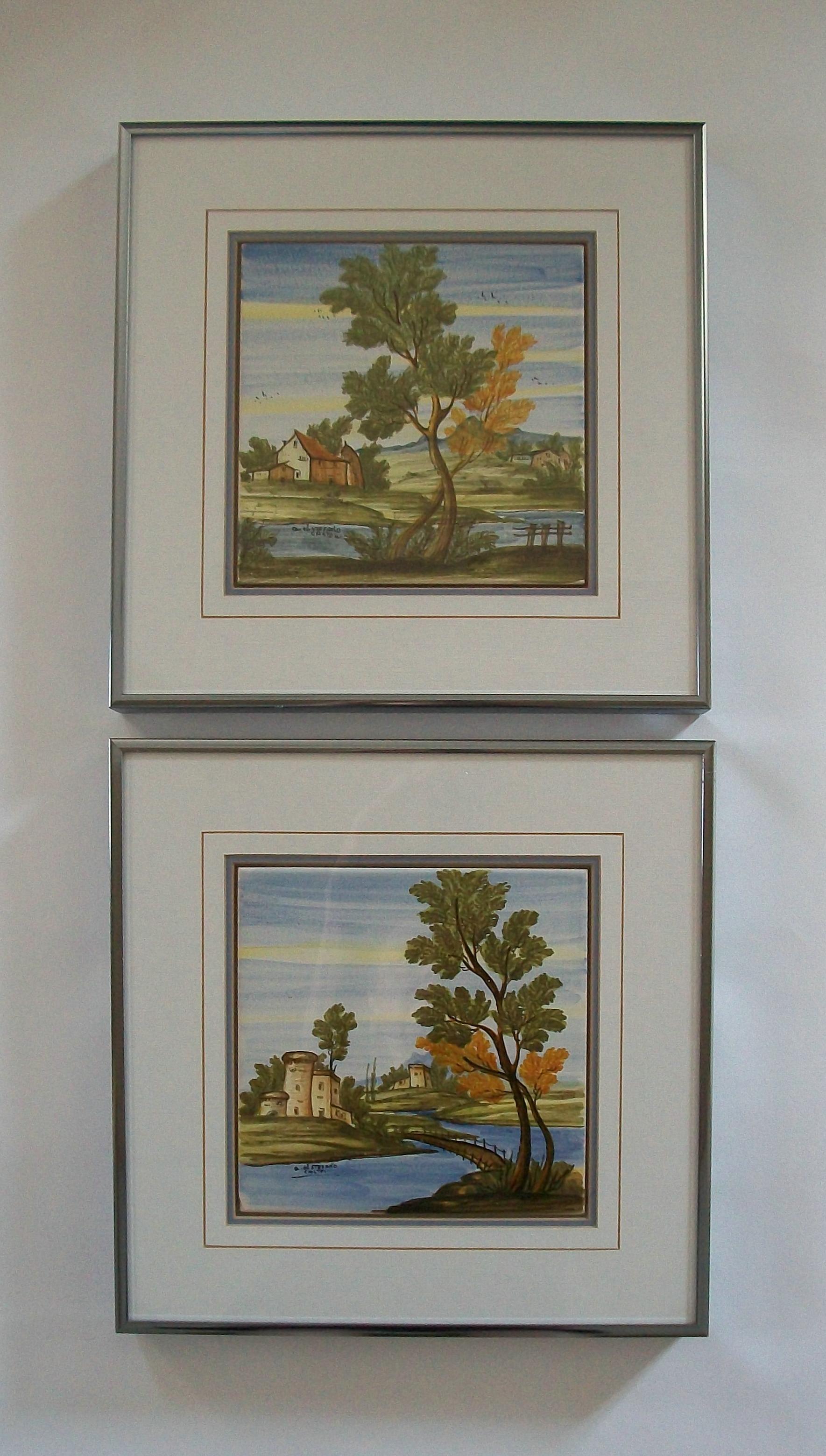 Pair of Framed Castelli Majolica Landscape Tiles - Italy - Mid 20th Century im Angebot 7