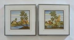 Pair of Framed Castelli Majolica Landscape Tiles - Italy - Mid 20th Century