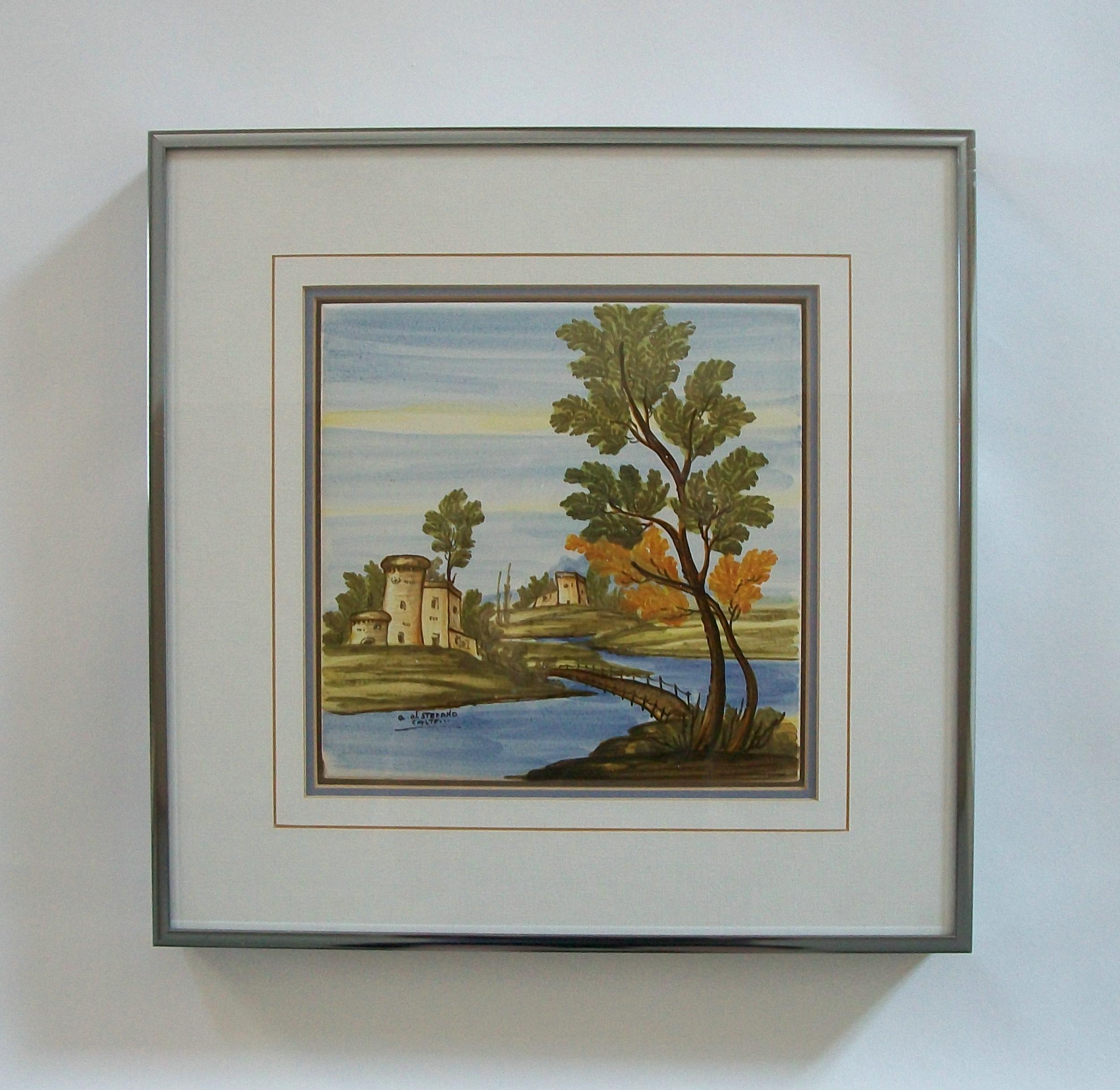 Pair of Framed Castelli Majolica Landscape Tiles - Italy - Mid 20th Century (Italienisch) im Angebot