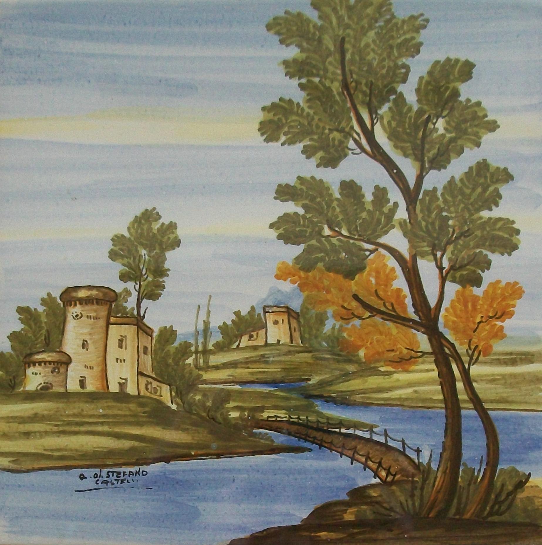 Pair of Framed Castelli Majolica Landscape Tiles - Italy - Mid 20th Century (Handgefertigt) im Angebot