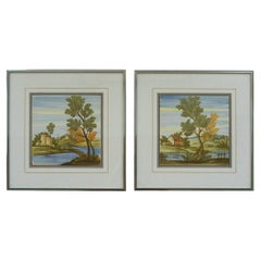 Pair of Framed Castelli Majolica Landscape Tiles - Italy - Mid 20th Century
