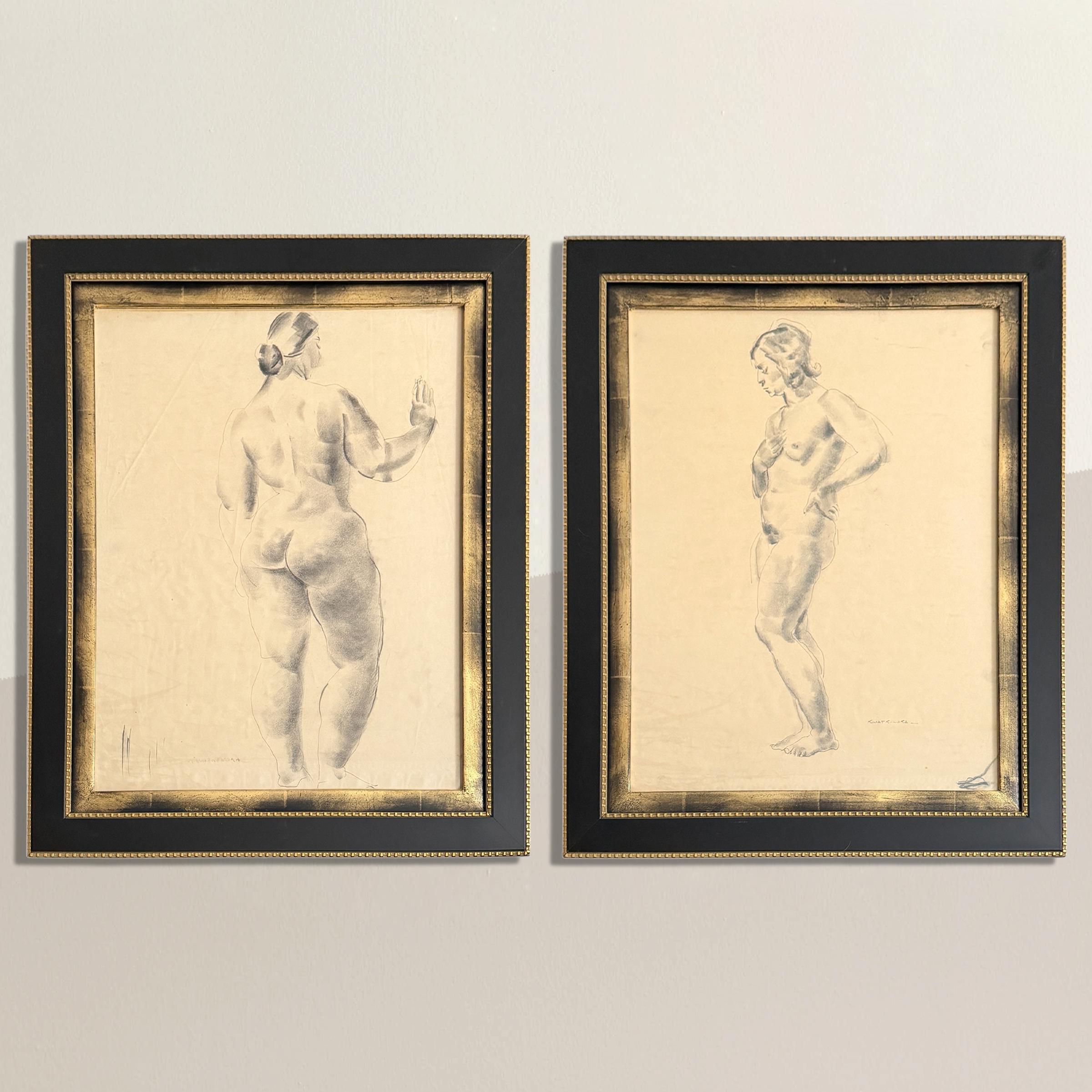 Pair of Framed Charcoal Figure Drawings For Sale at 1stDibs