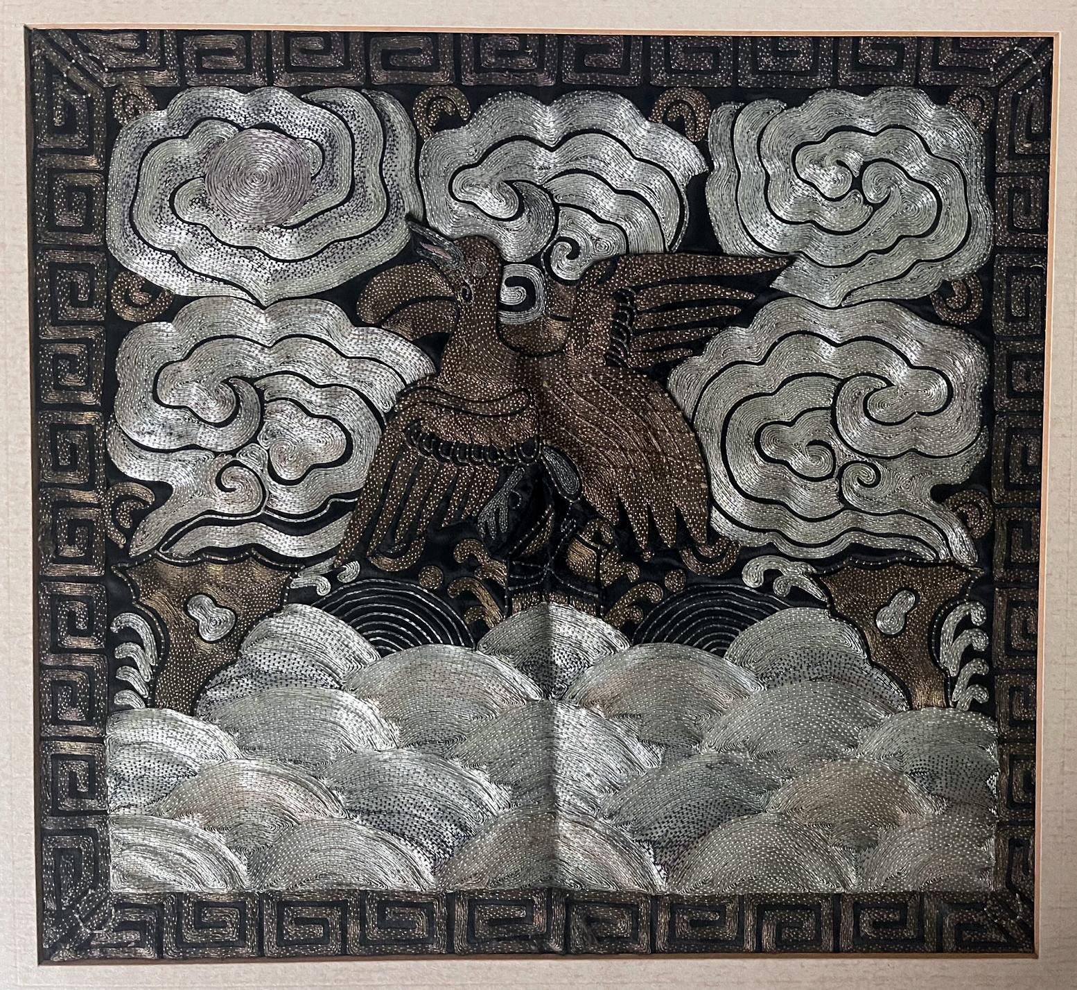 On offer is a matching pair of embroidered silk civil rank badge panels (known in Chinese as Buzi) in black lacquer frames. The panels feature borders of fret archaic key and are centered by the bird quail, the symbol of the eighth rank civil