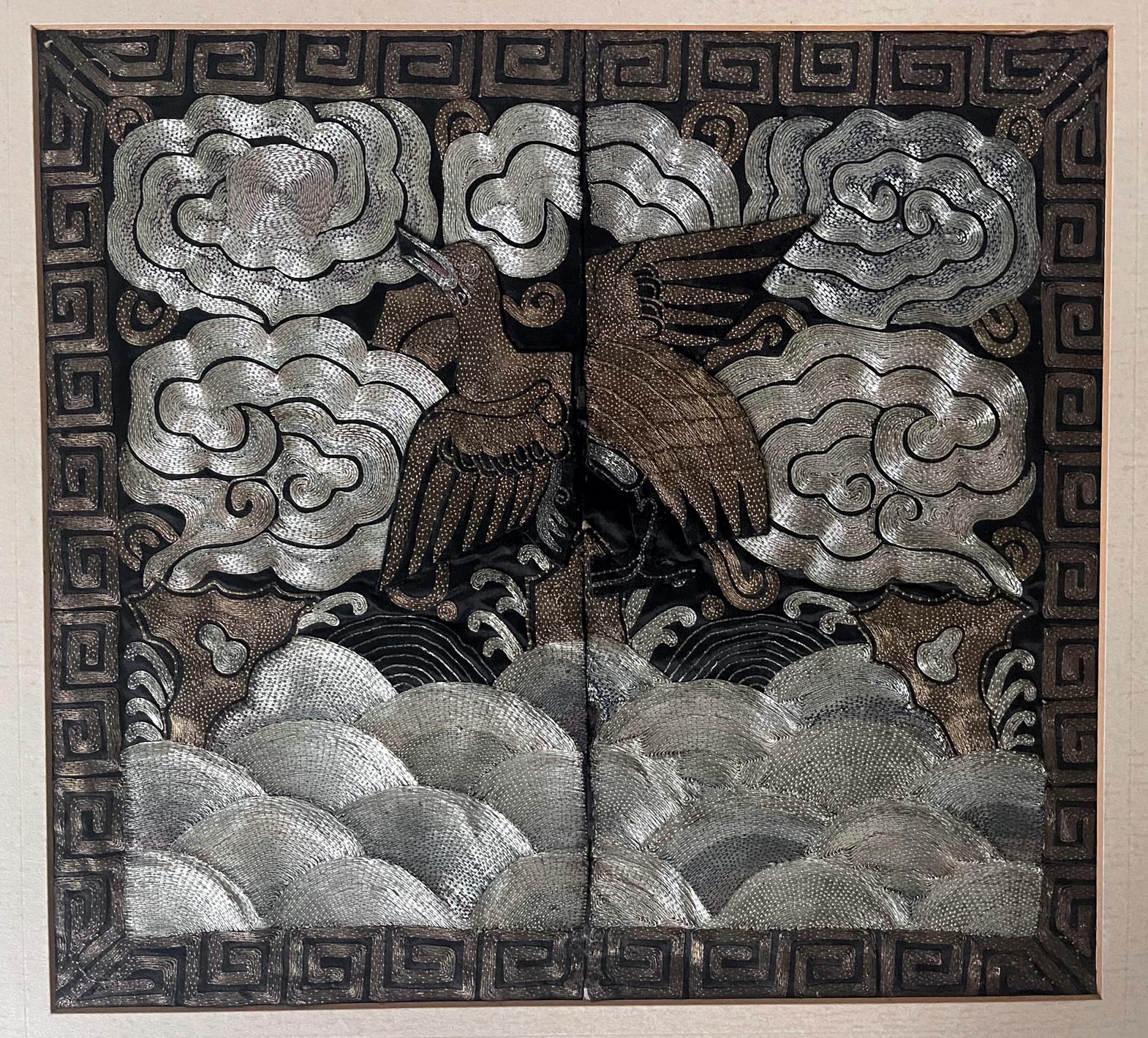 Chinoiserie Pair of Framed Chinese Embroidered Eighth Rank Badges Qing Dynasty