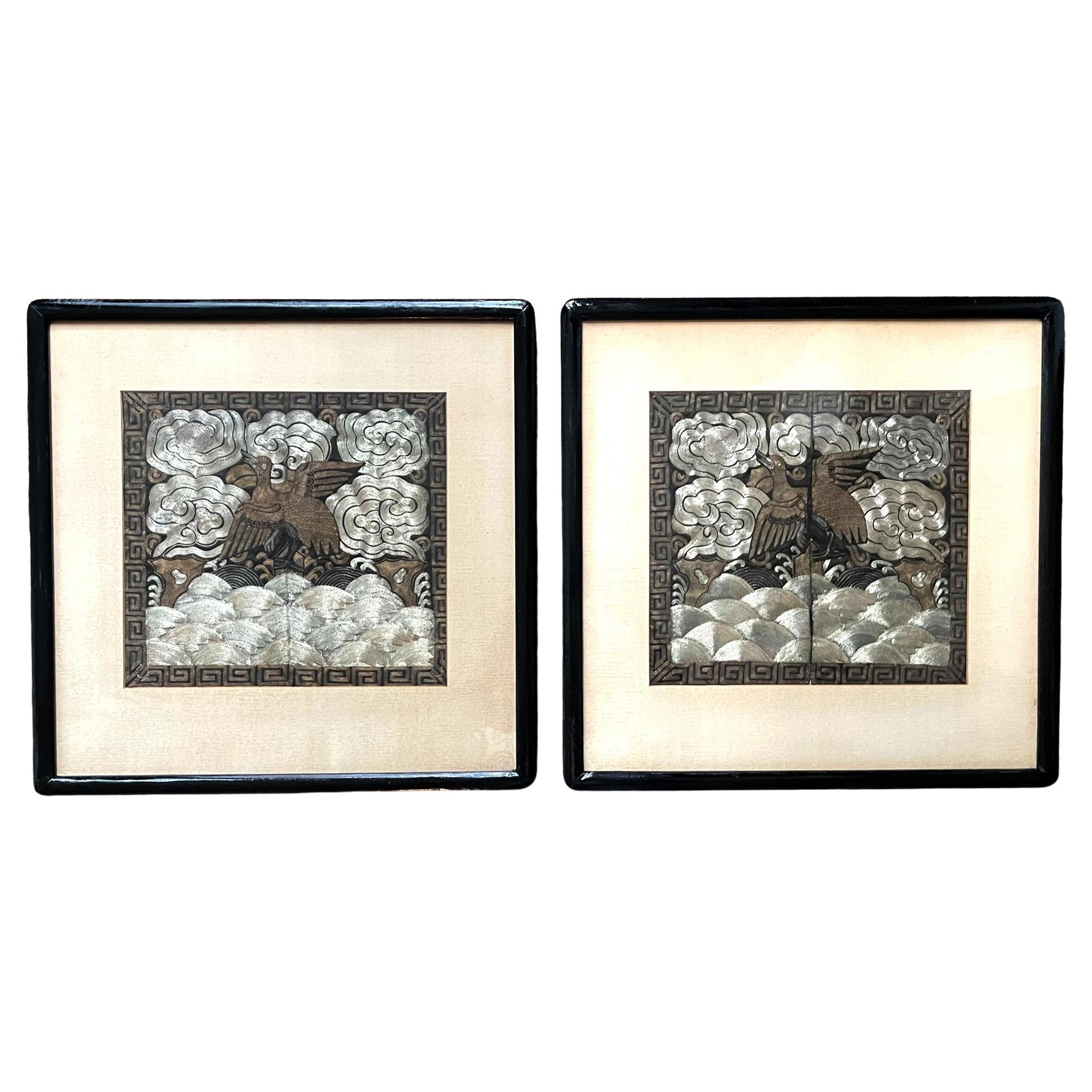 Pair of Framed Chinese Embroidered Eighth Rank Badges Qing Dynasty