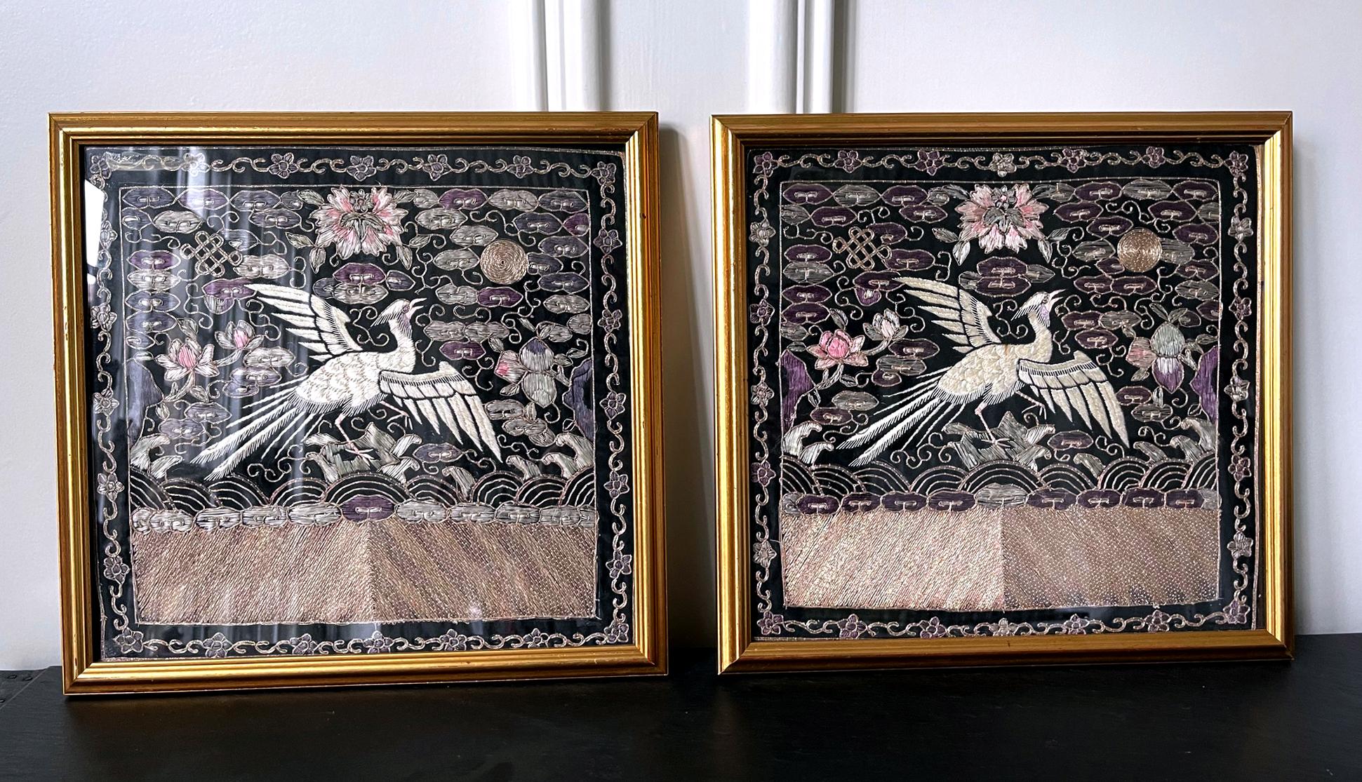 Pair of Framed Chinese Embroidered Ninth Rank Badges Qing Dynasty For Sale 4