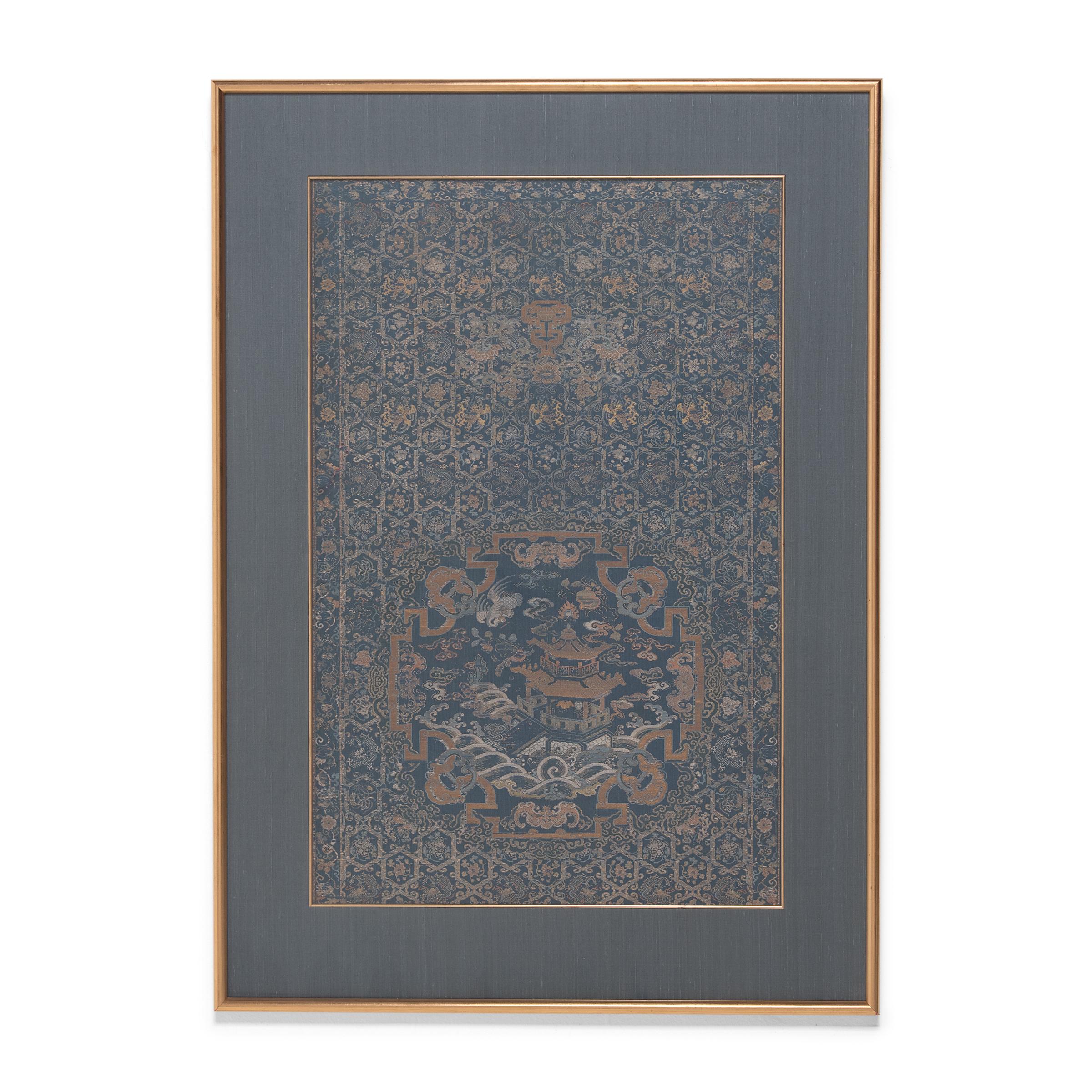 These framed silk brocade tapestries are two halves of a magnificent Qing-dynasty chair panel, or chair strip. Because traditional Chinese seating was not upholstered, Fine textiles were draped across the backs and seats of grand armchairs for added
