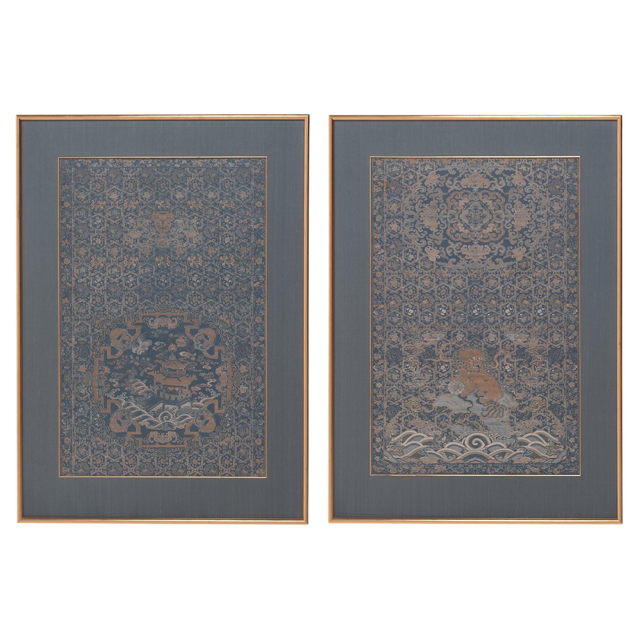 Pair of Framed Chinese Silk Brocade Chair Panels, c. 1850 For Sale