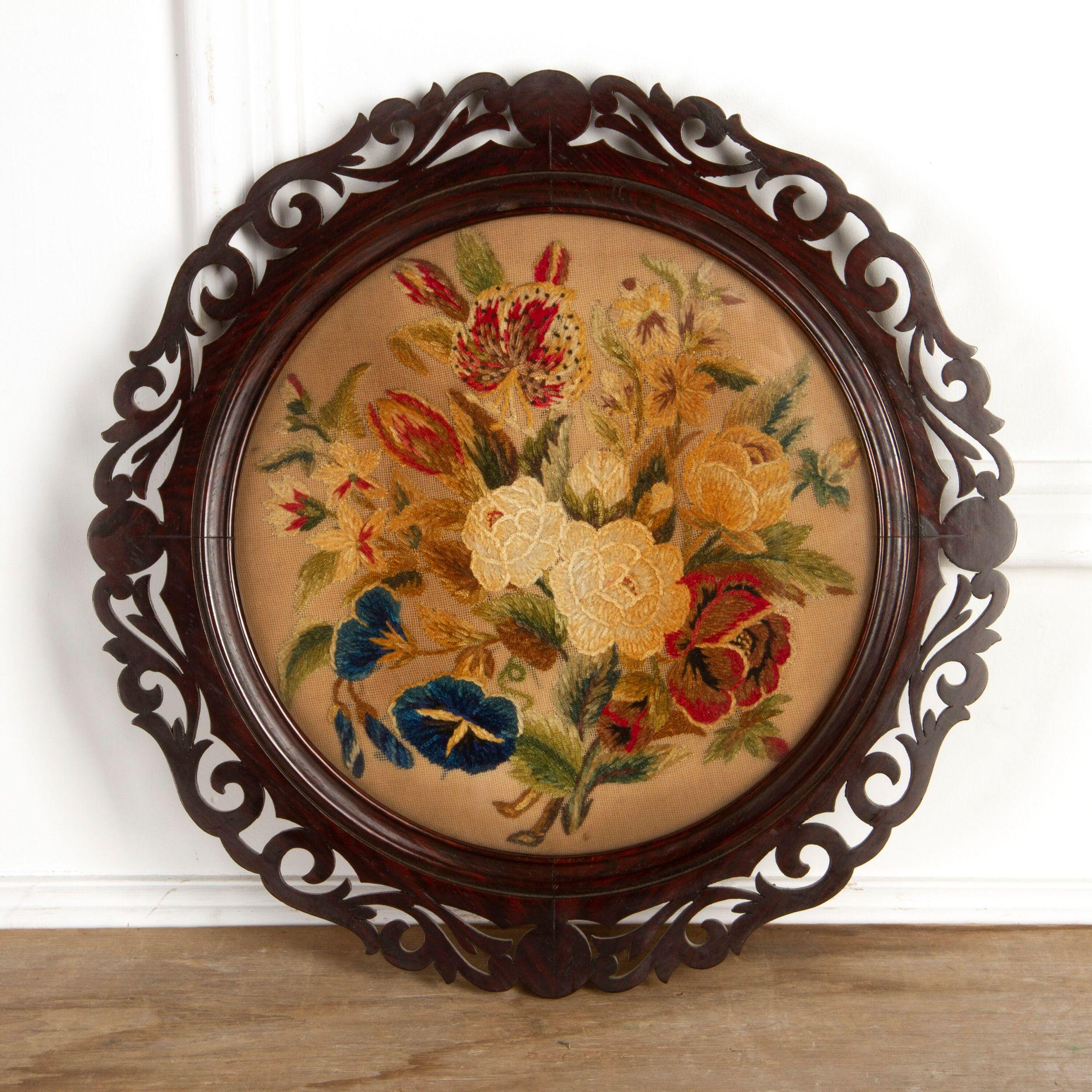 Victorian Pair of Framed Circular Floral Needlework Pictures For Sale