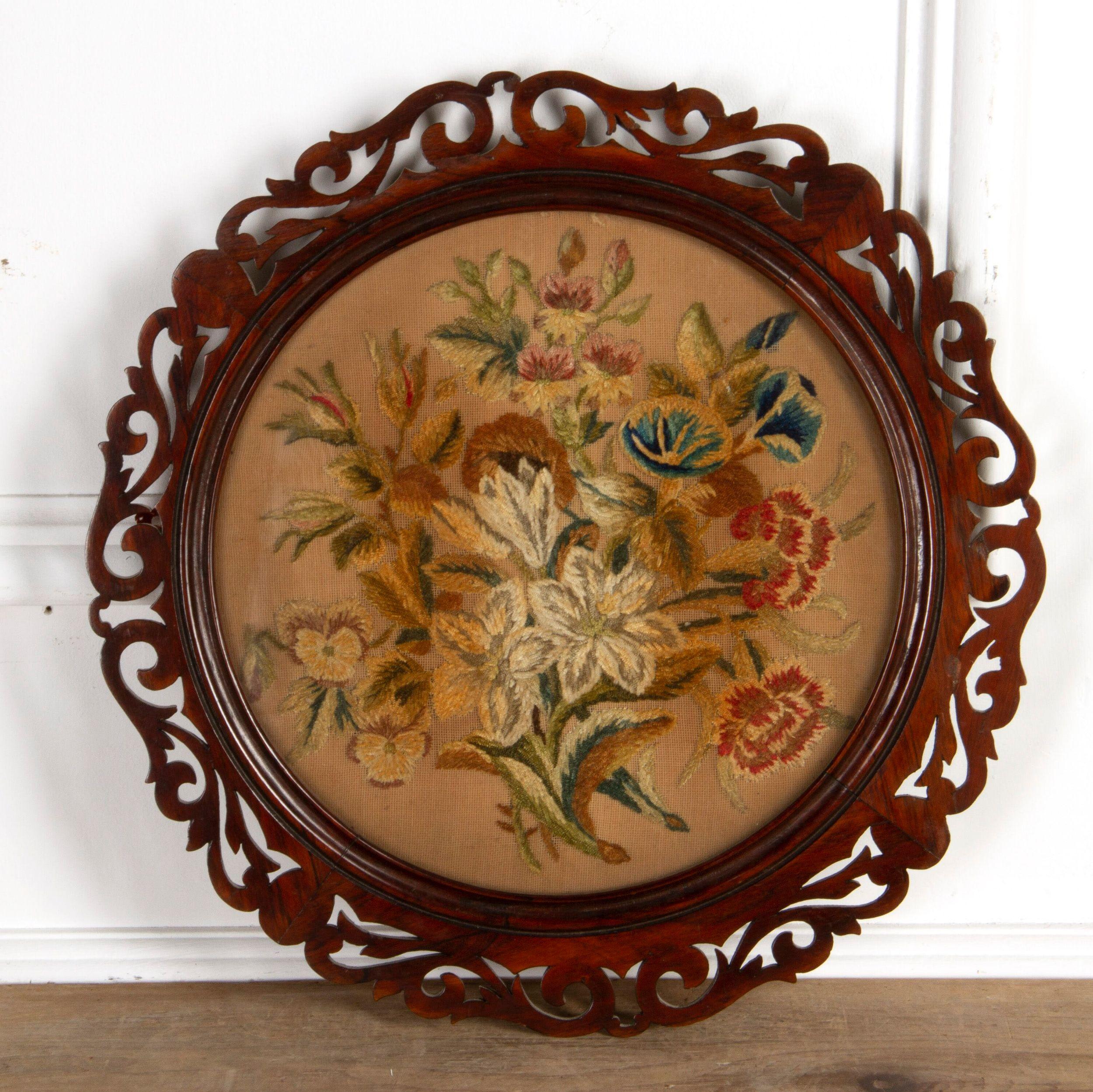 English Pair of Framed Circular Floral Needlework Pictures For Sale