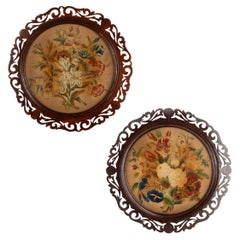 Used Pair of Framed Circular Floral Needlework Pictures