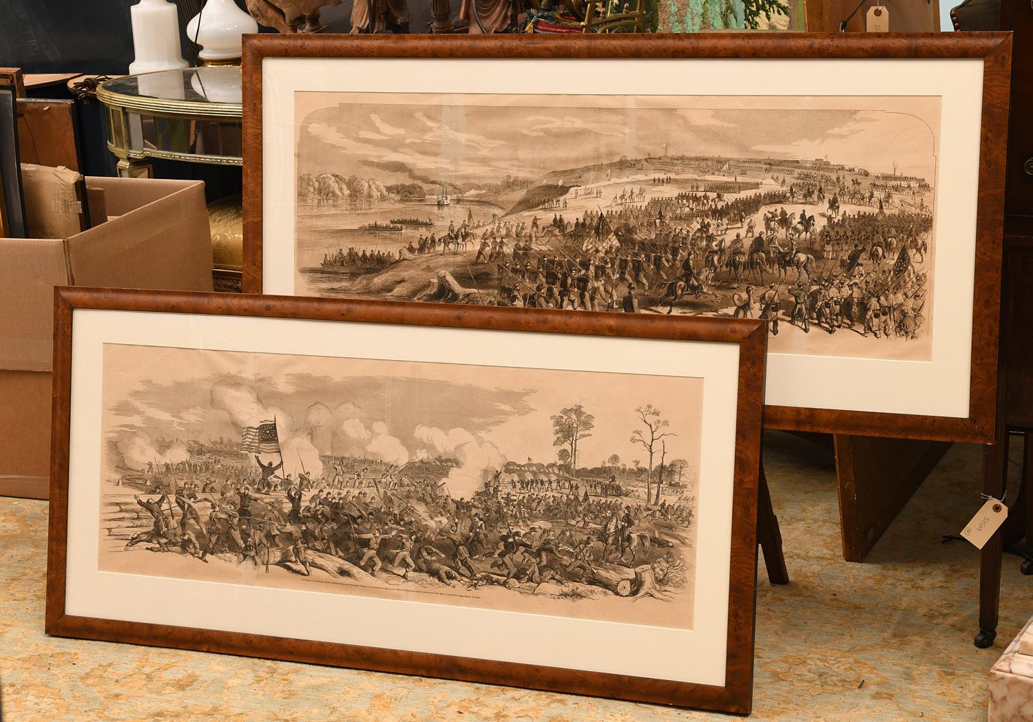 Two framed prints are 19th-century engravings from Frank Leslie's Illustrated Newspaper, a significant publication during the Civil War era that visually documented important events for the public. The prints are professionally framed and matted in