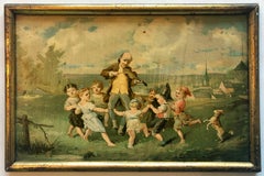 Pair of Framed Color Prints, French Village Scene with Children Celebrating