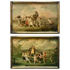 Pair of Framed Color Prints, French Village Scene with Children Celebrating
