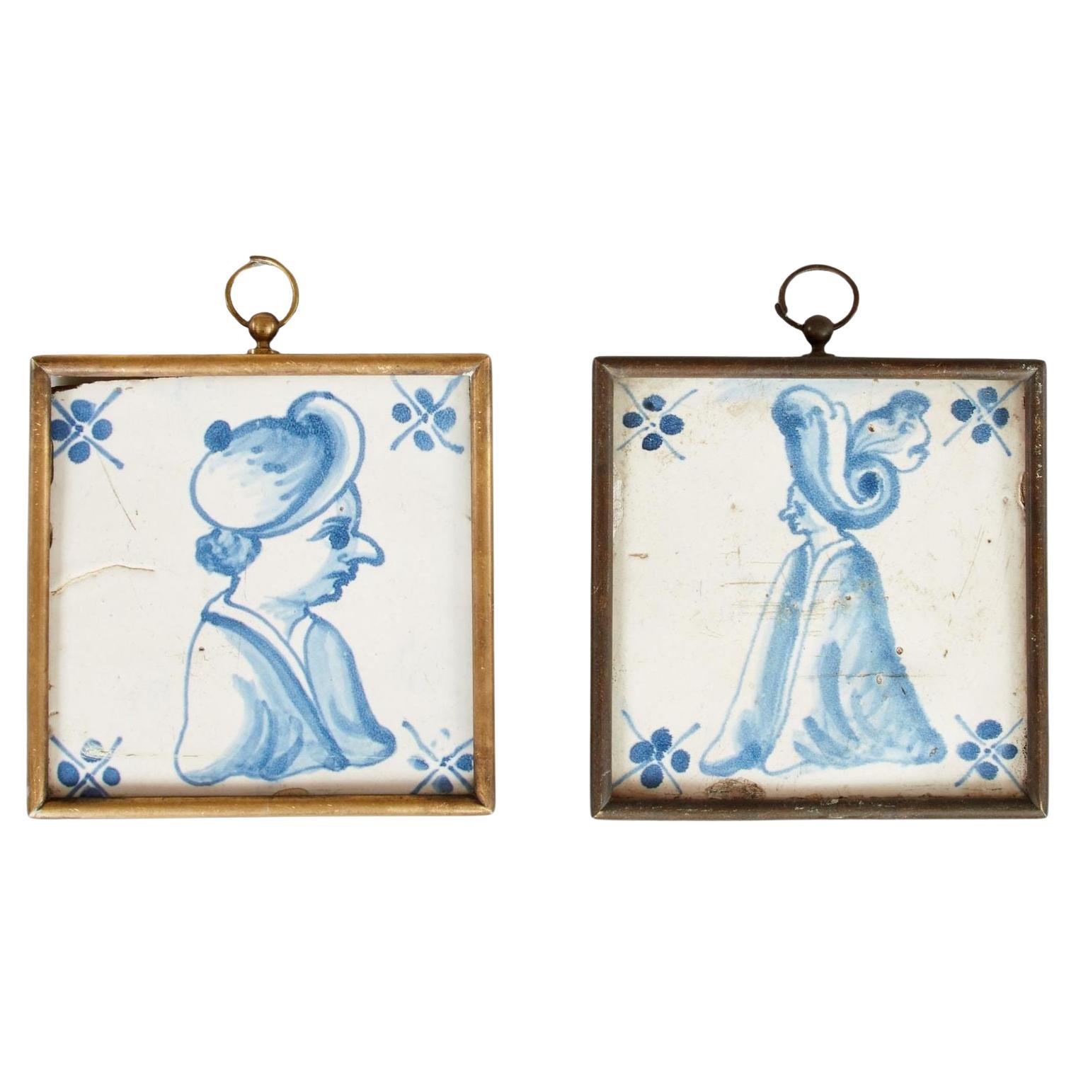 Pair of Framed Delft Portrait Tiles For Sale