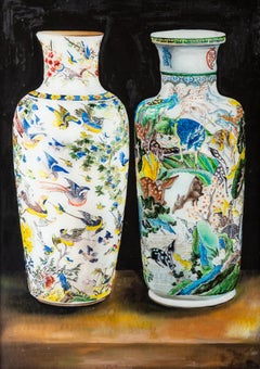 Pair of Framed Eglomisé Chinese Vases