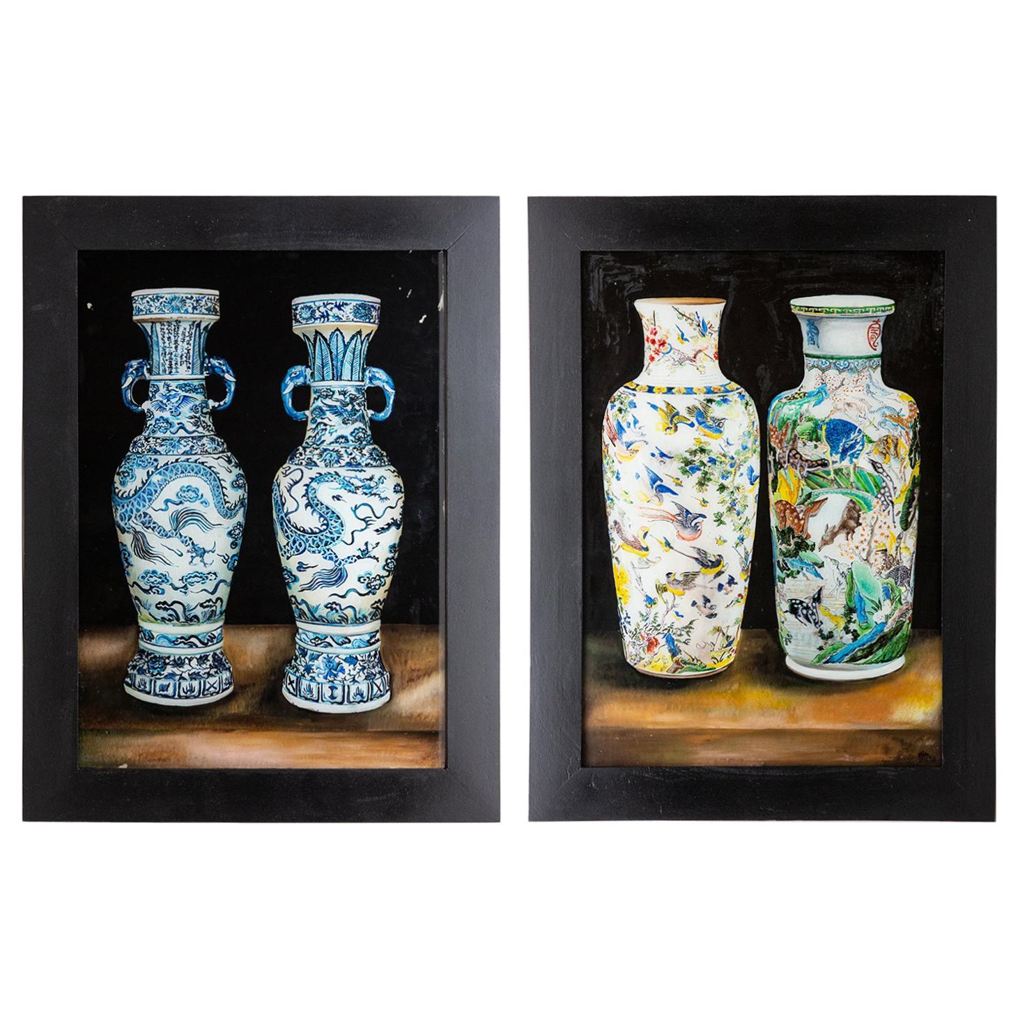 Pair of Framed Eglomisé Chinese Vases