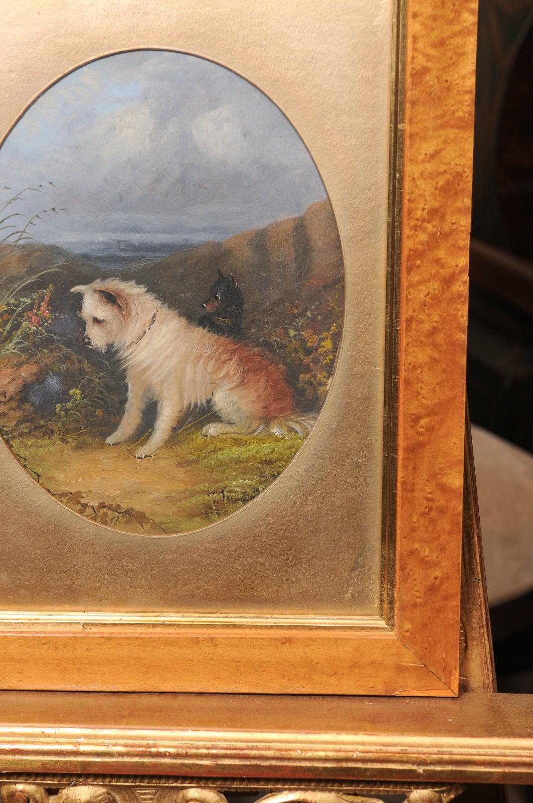 Coppia di dipinti a olio su tavola di cani del XIX secolo inglese incorniciati con vetro in vendita 6