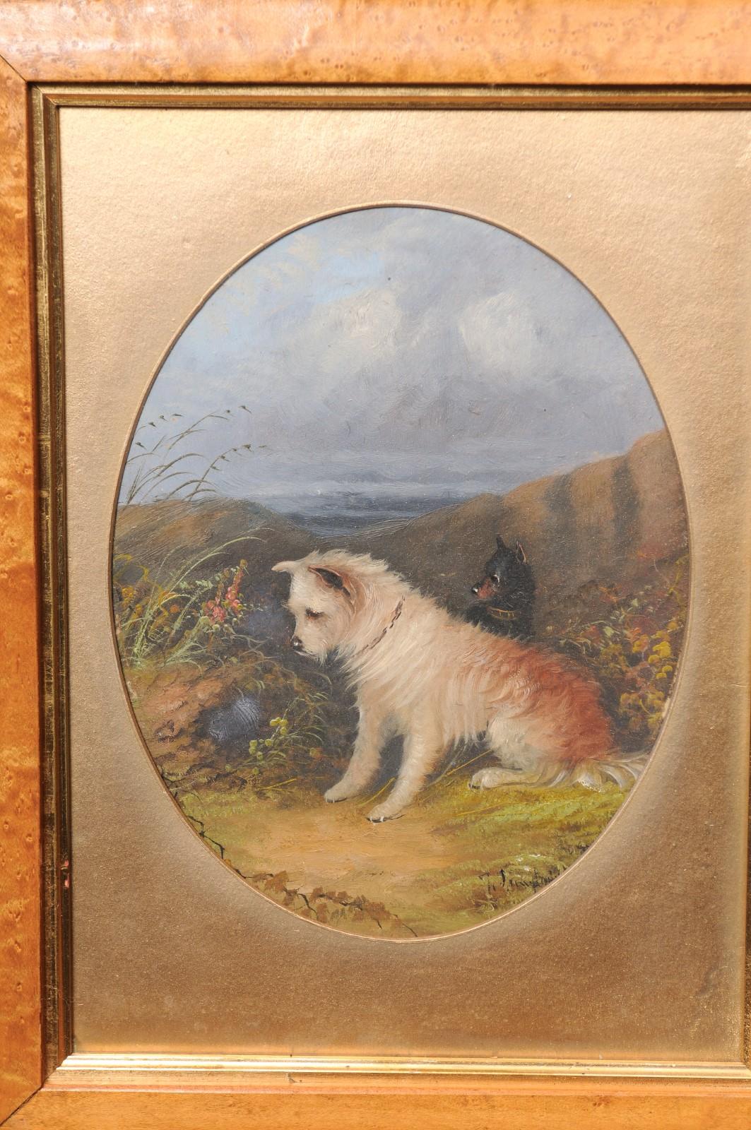 Coppia di dipinti a olio su tavola di cani del XIX secolo inglese incorniciati con vetro in vendita 8