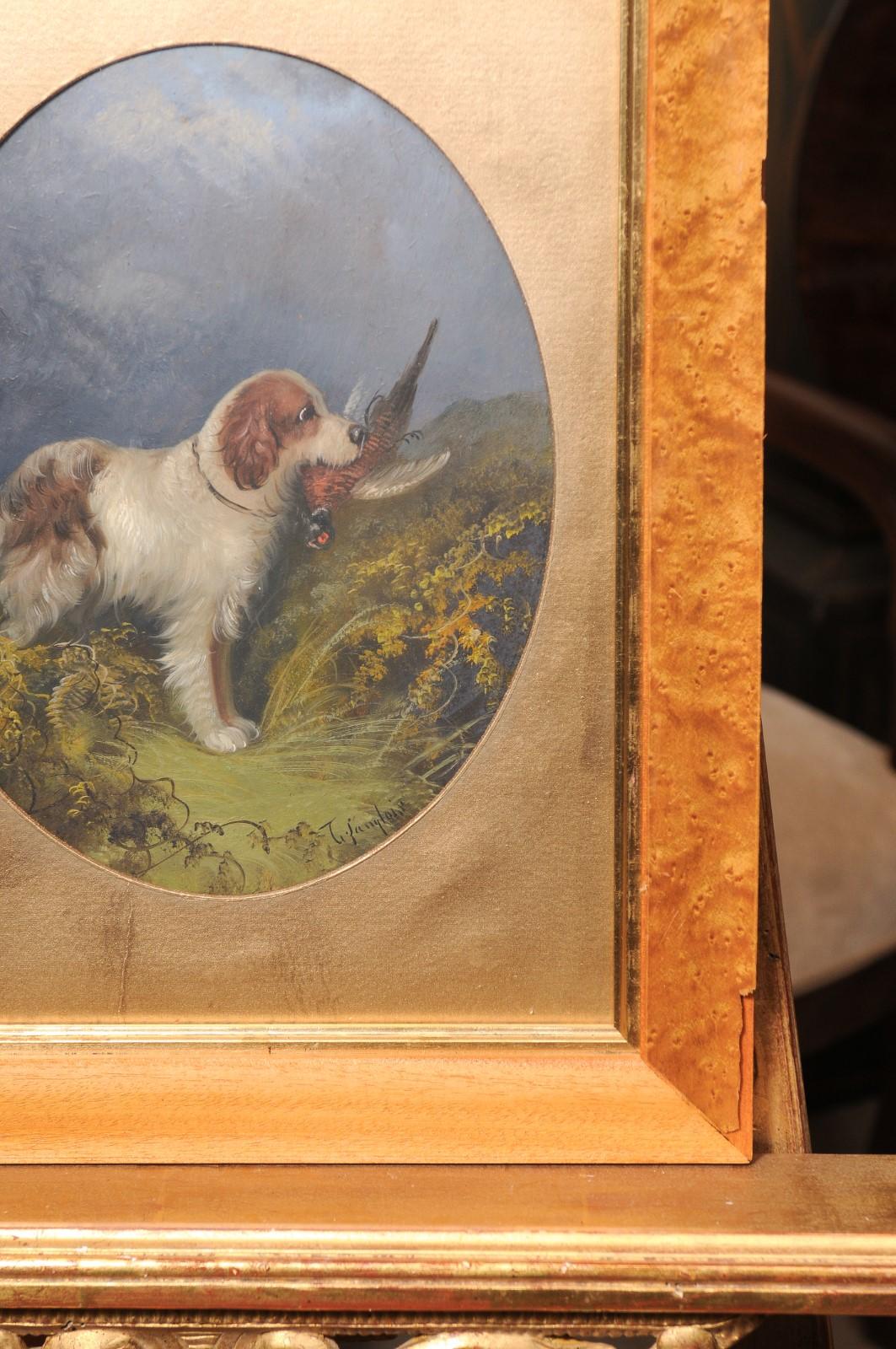 Vetro Coppia di dipinti a olio su tavola di cani del XIX secolo inglese incorniciati con vetro in vendita
