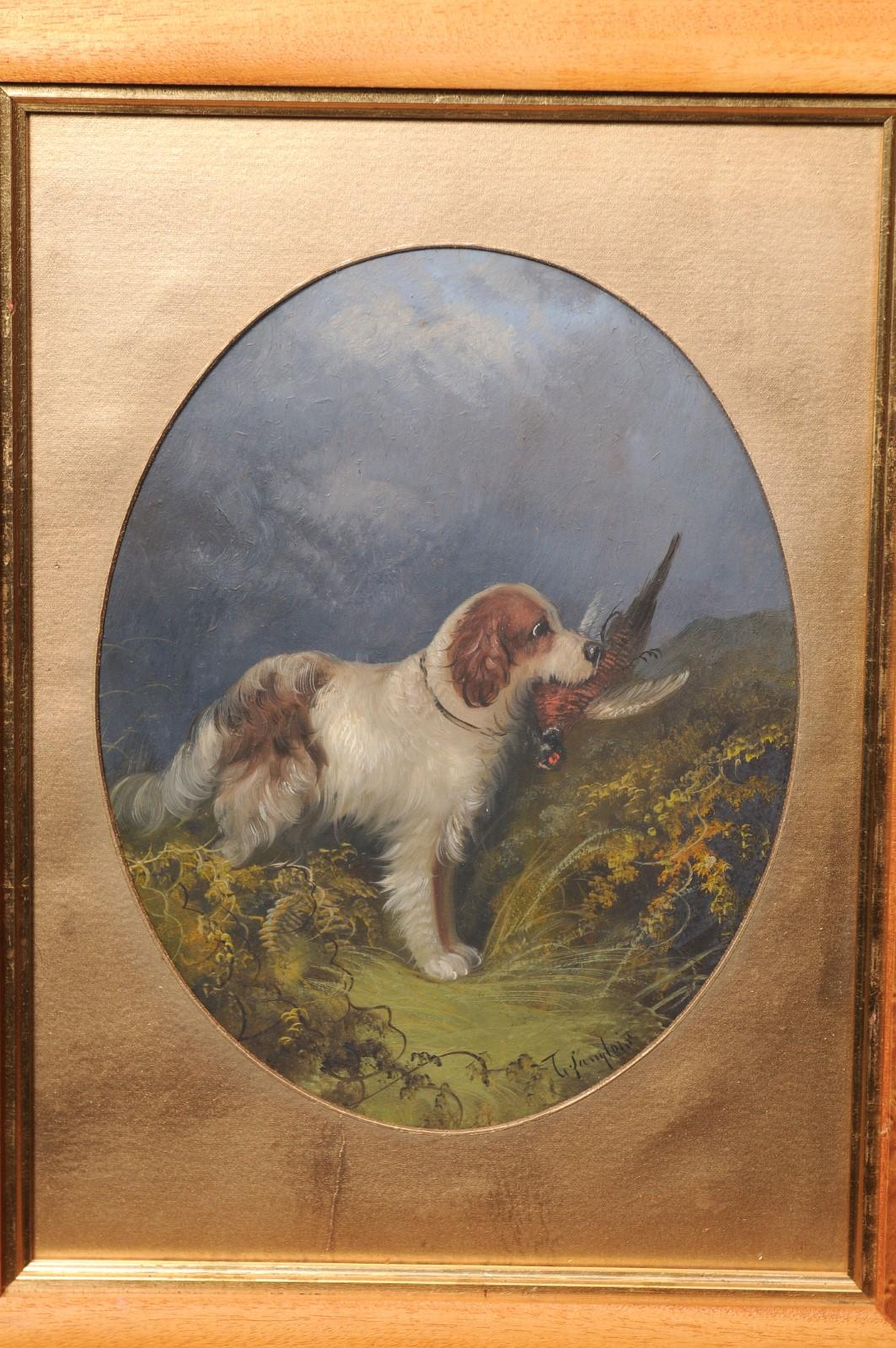 Coppia di dipinti a olio su tavola di cani del XIX secolo inglese incorniciati con vetro in vendita 2