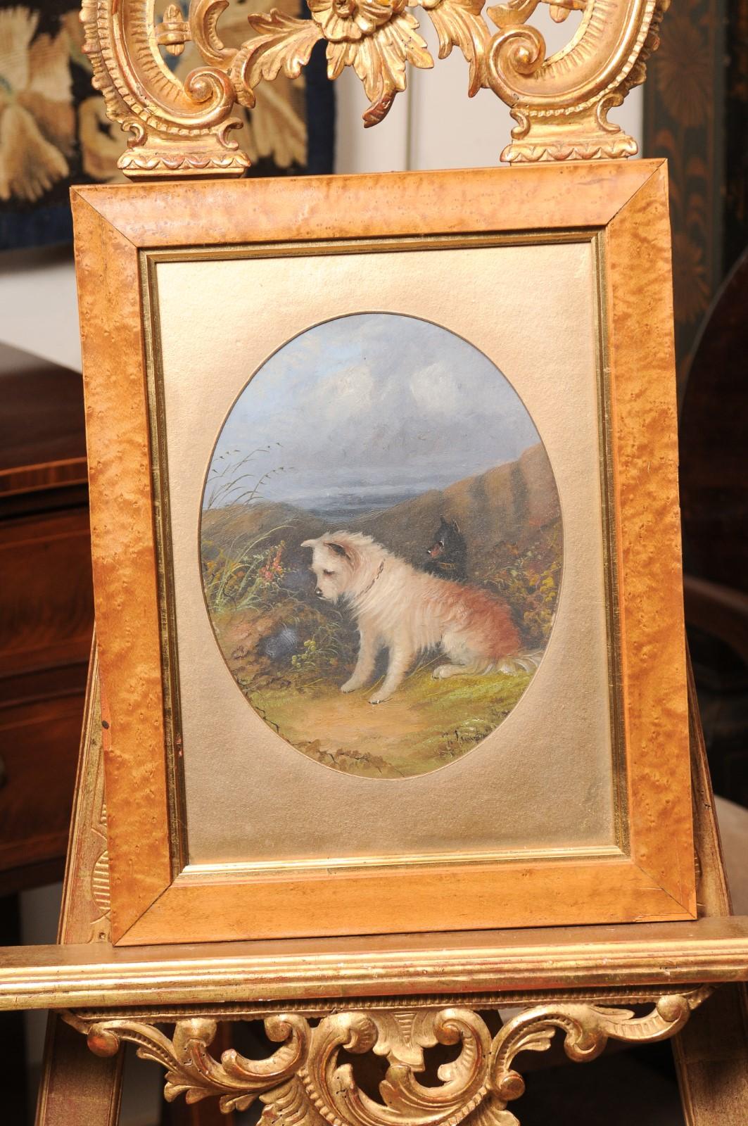 Coppia di dipinti a olio su tavola di cani del XIX secolo inglese incorniciati con vetro in vendita 3
