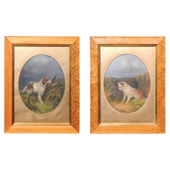 Pair of Framed English 19th Century Oil on Board Dog Paintings under glass