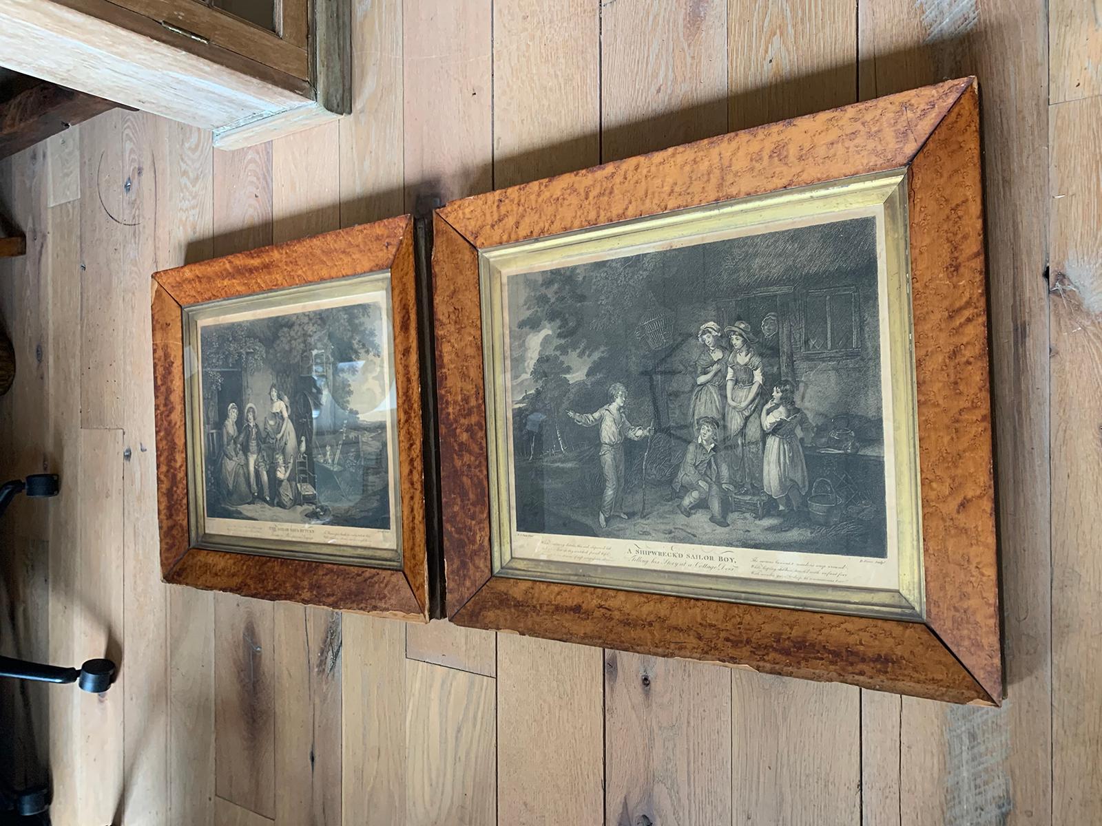 Pair of English engravings of sailor boys by Edward Orme in burled wood frames, circa 1790-1800
After original paintings by William Redmore Bigg, titled 