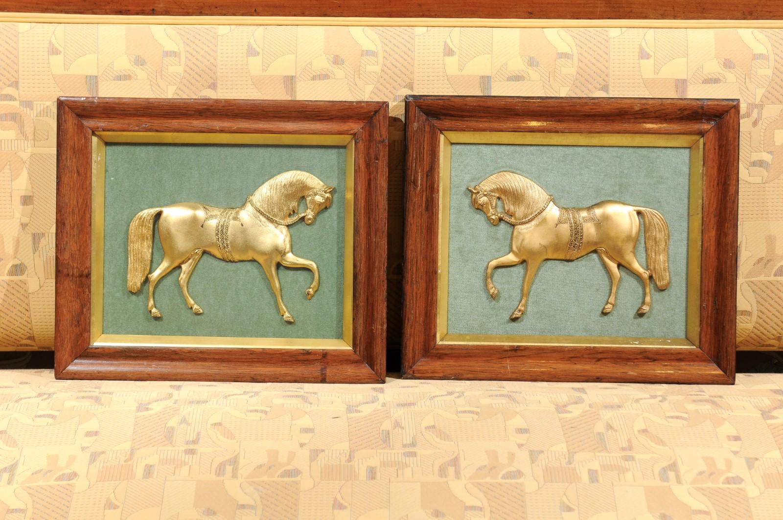 Pair of Framed English Gilt Bronze Horses Mounted on Green Velvet, circa 1850 In Good Condition In Atlanta, GA