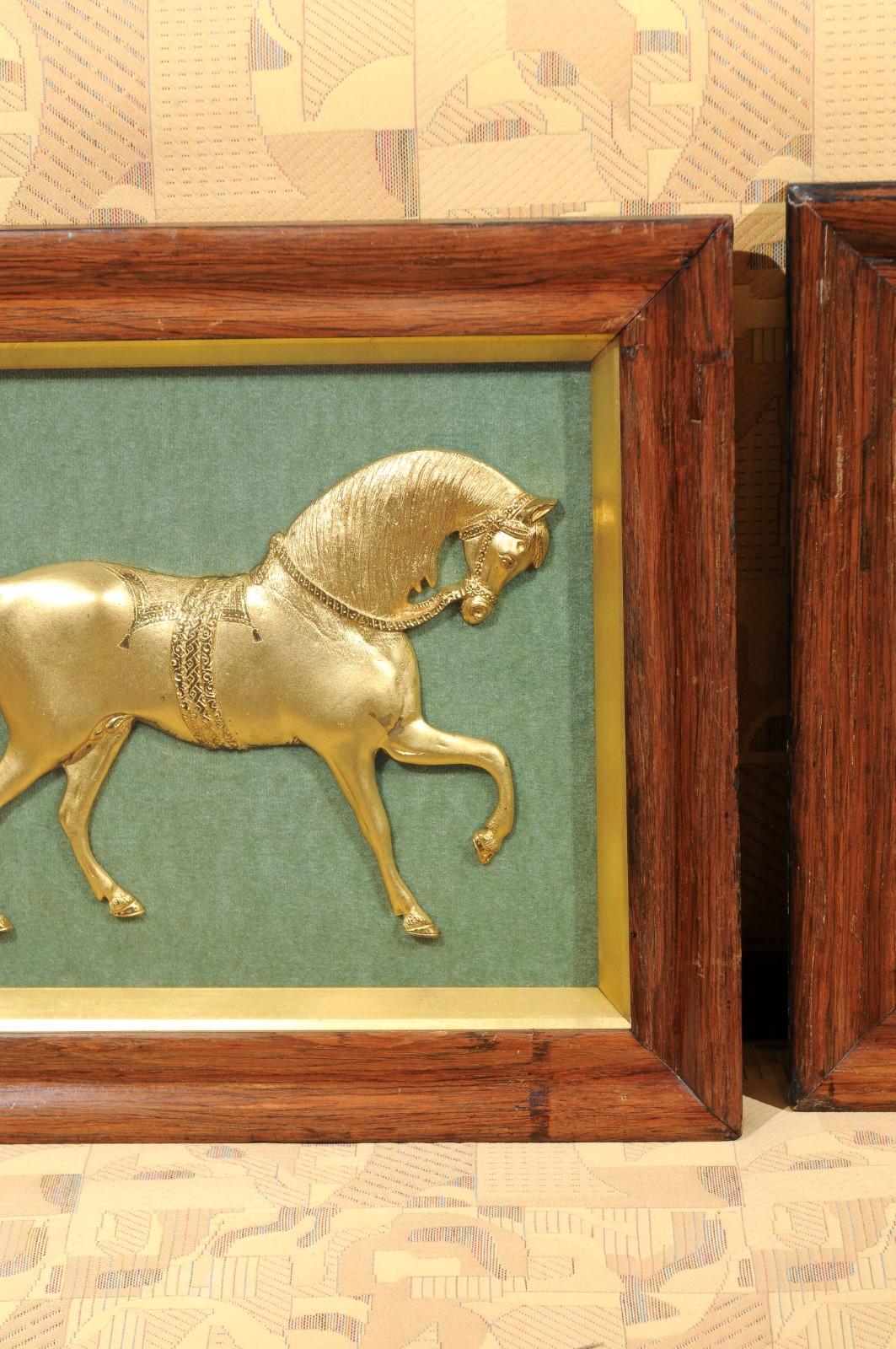 Pair of Framed English Gilt Bronze Horses Mounted on Green Velvet, circa 1850 5