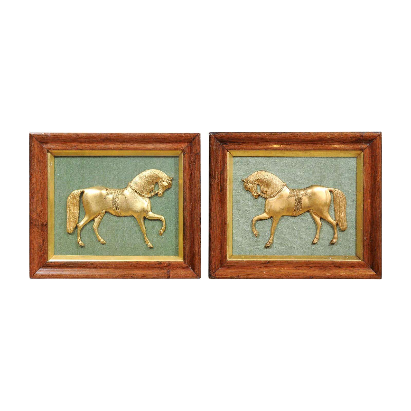 Pair of Framed English Gilt Bronze Horses Mounted on Green Velvet, circa 1850