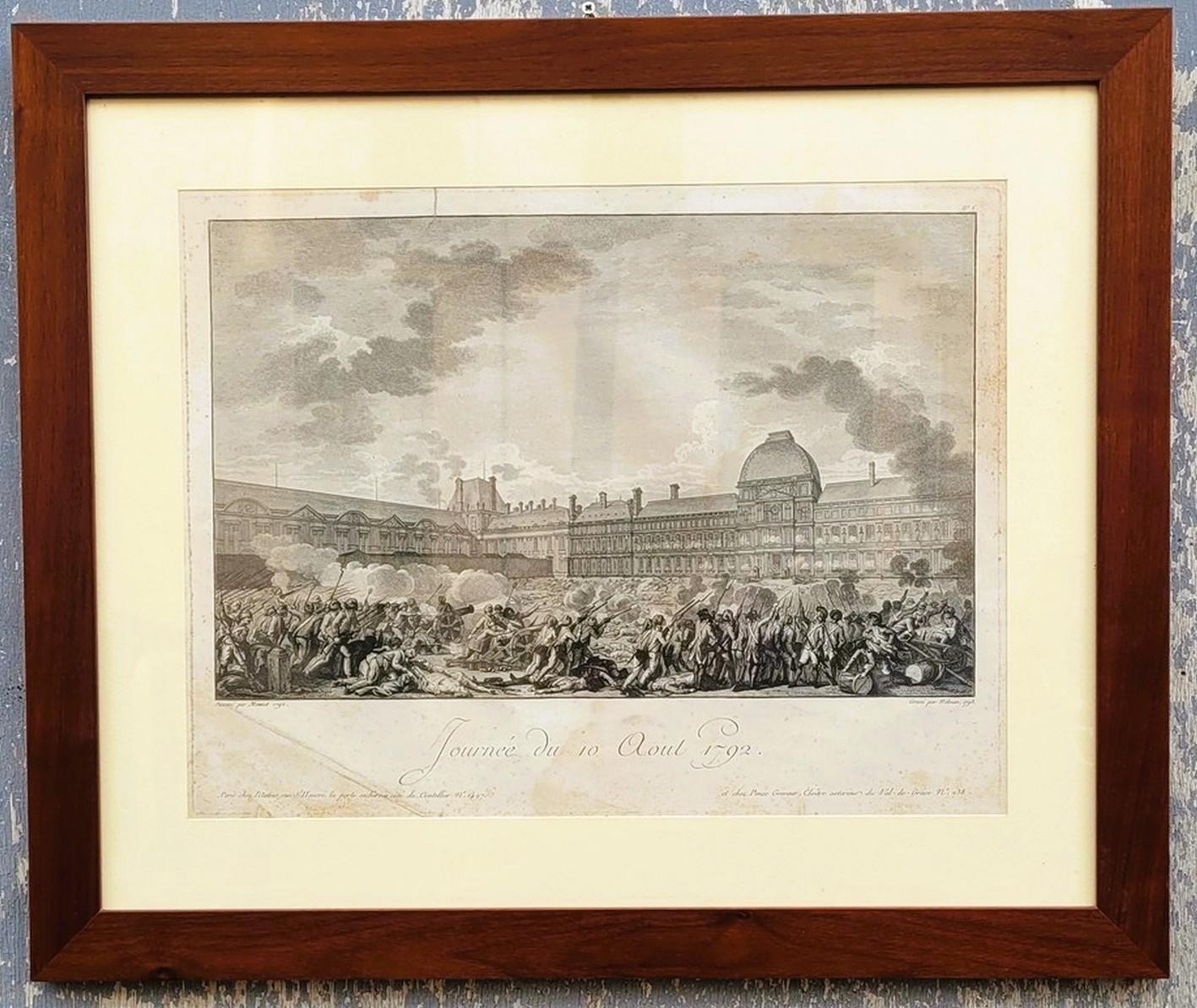 Paire de gravures illustrant deux épisodes majeurs de la Révolution française : 

 * la journée du 10 août 1792 : la prise des Tuileries se terminant par l'arrestation de Louis XVI et de sa famille et marquant la fin de la monarchie  
Avec les