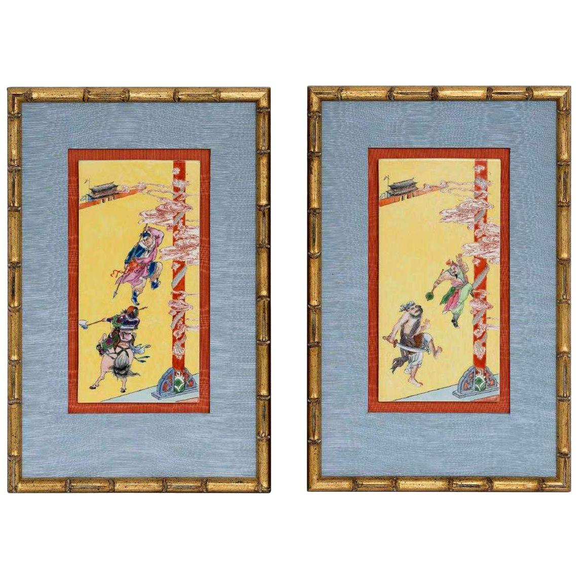 Paar gerahmte Famille Jaune-Porzellan-Plaketten aus der Qing-Dynastie