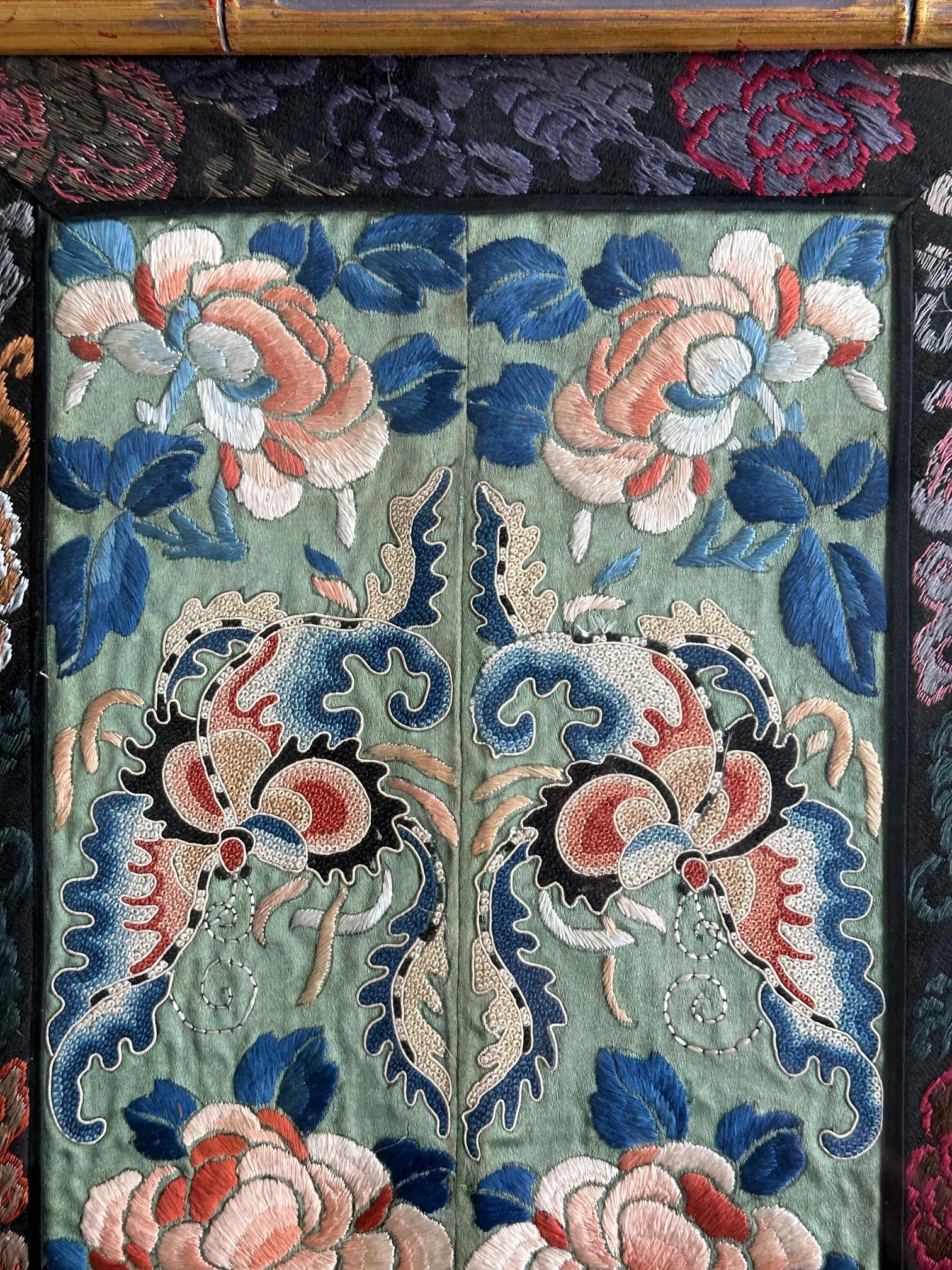 Pair of Framed Fine Chinese Antique Embroidery Panels with Forbidden Knots For Sale 6
