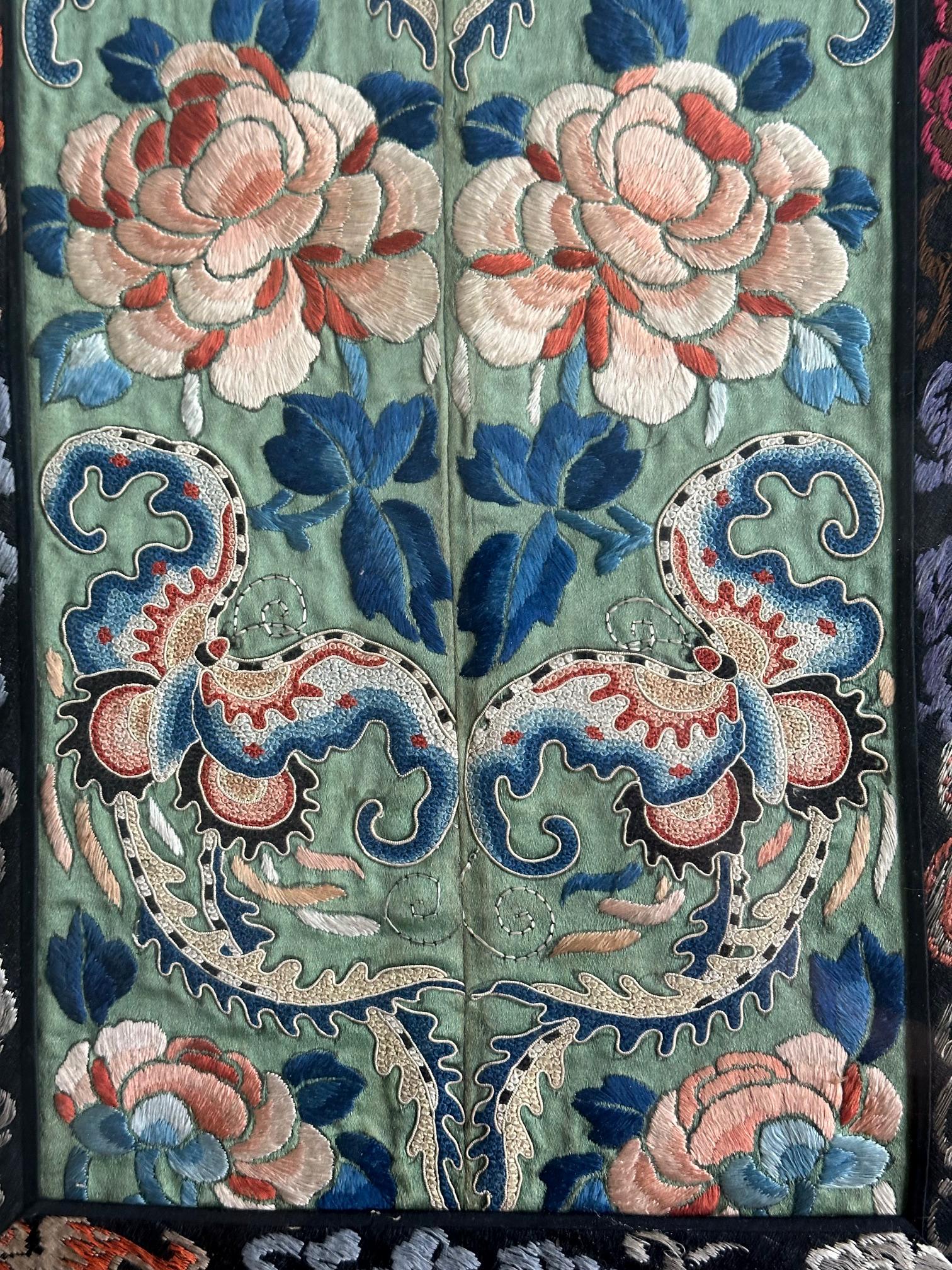Pair of Framed Fine Chinese Antique Embroidery Panels with Forbidden Knots For Sale 8