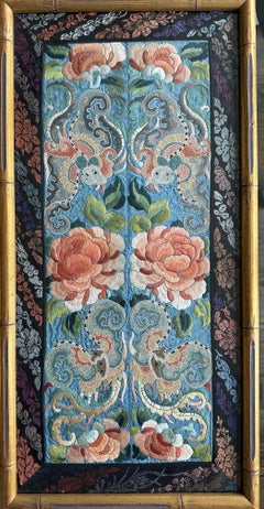 Pair of Framed Fine Chinese Antique Embroidery Panels with Forbidden Knots