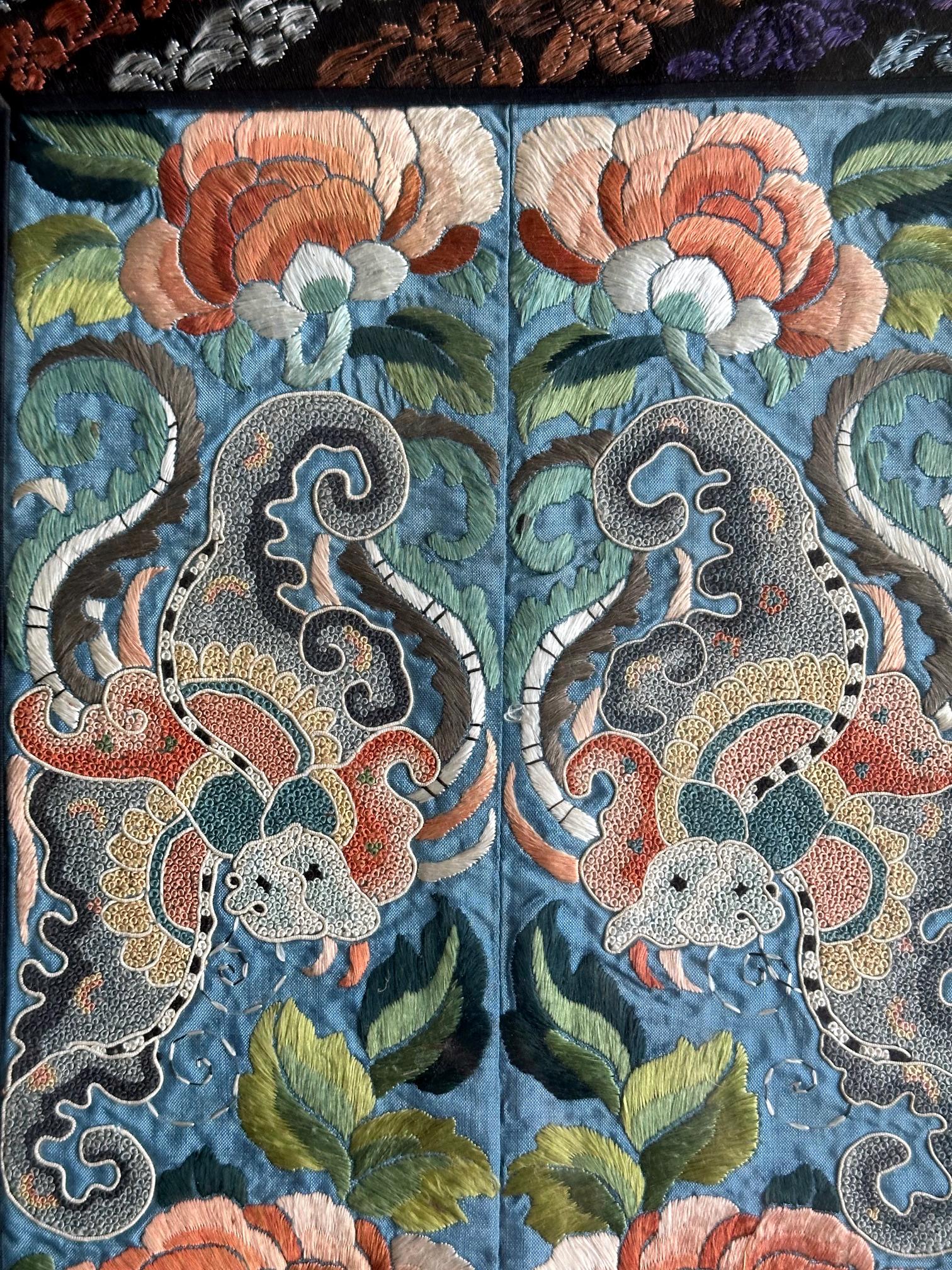 Pair of Framed Fine Chinese Antique Embroidery Panels with Forbidden Knots In Good Condition For Sale In Atlanta, GA