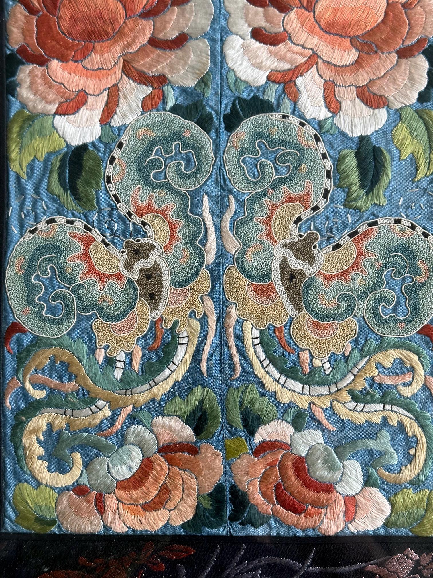 19th Century Pair of Framed Fine Chinese Antique Embroidery Panels with Forbidden Knots For Sale