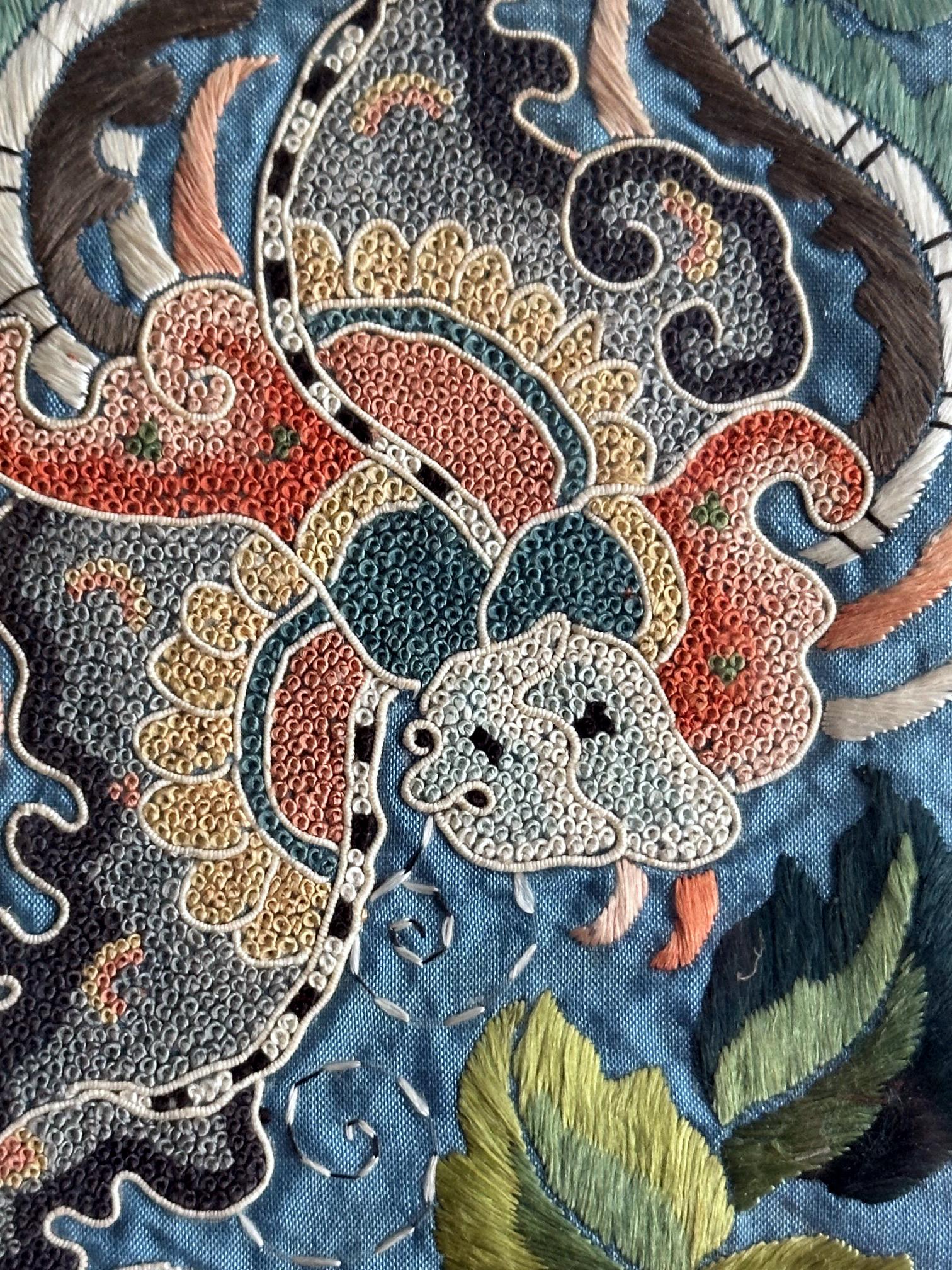 Brocade Pair of Framed Fine Chinese Antique Embroidery Panels with Forbidden Knots For Sale