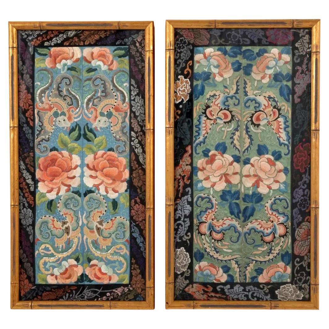 Pair of Framed Fine Chinese Antique Embroidery Panels with Forbidden Knots