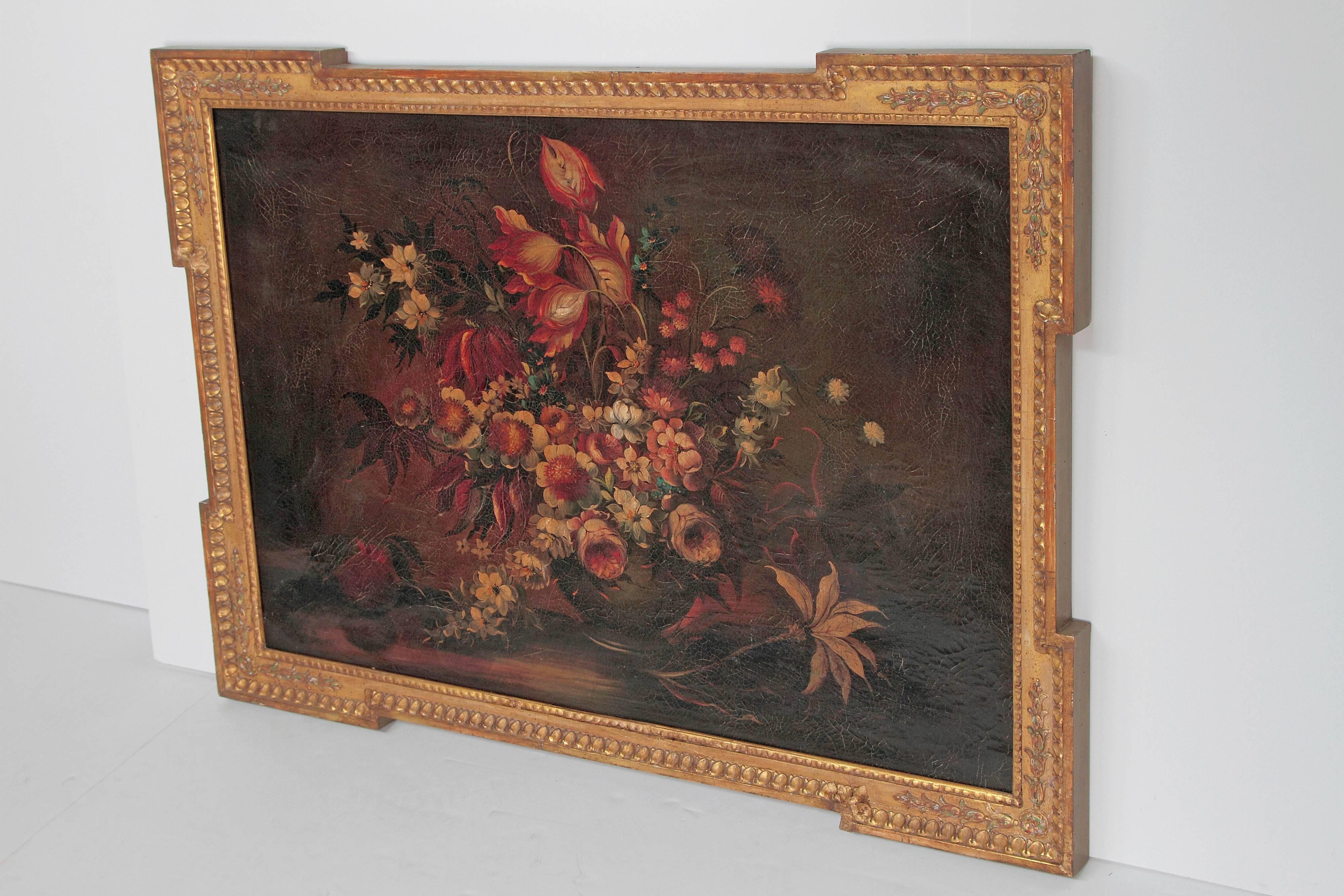 Baroque Revival Pair of Framed Floral Still-Life Paintings / 19th Century Continental