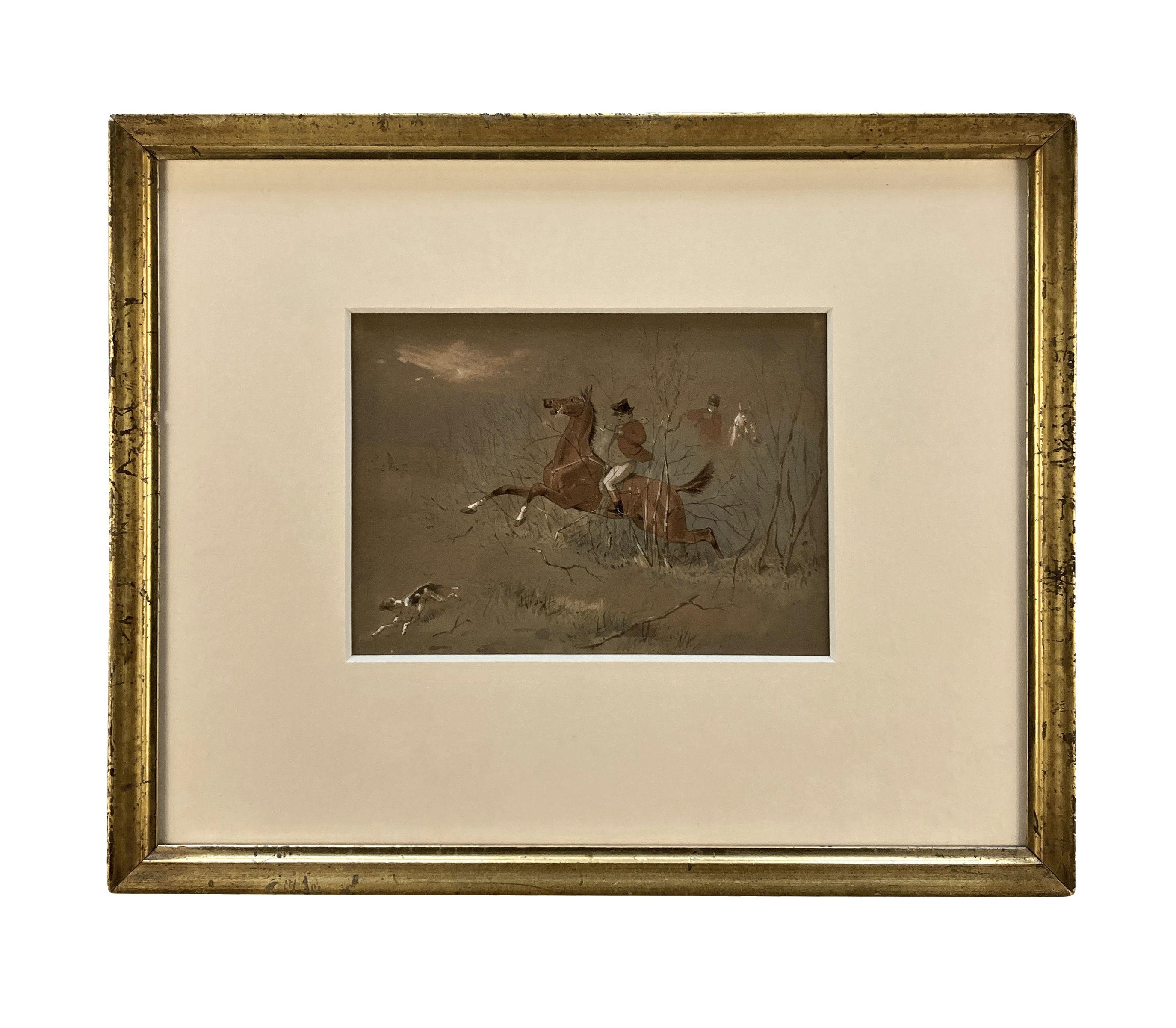 Ein Paar englische Aquarelle des XIX. Jahrhunderts, gerahmt und glasiert, auf tabakfarbenem Papier, die Jagdszenen darstellen.