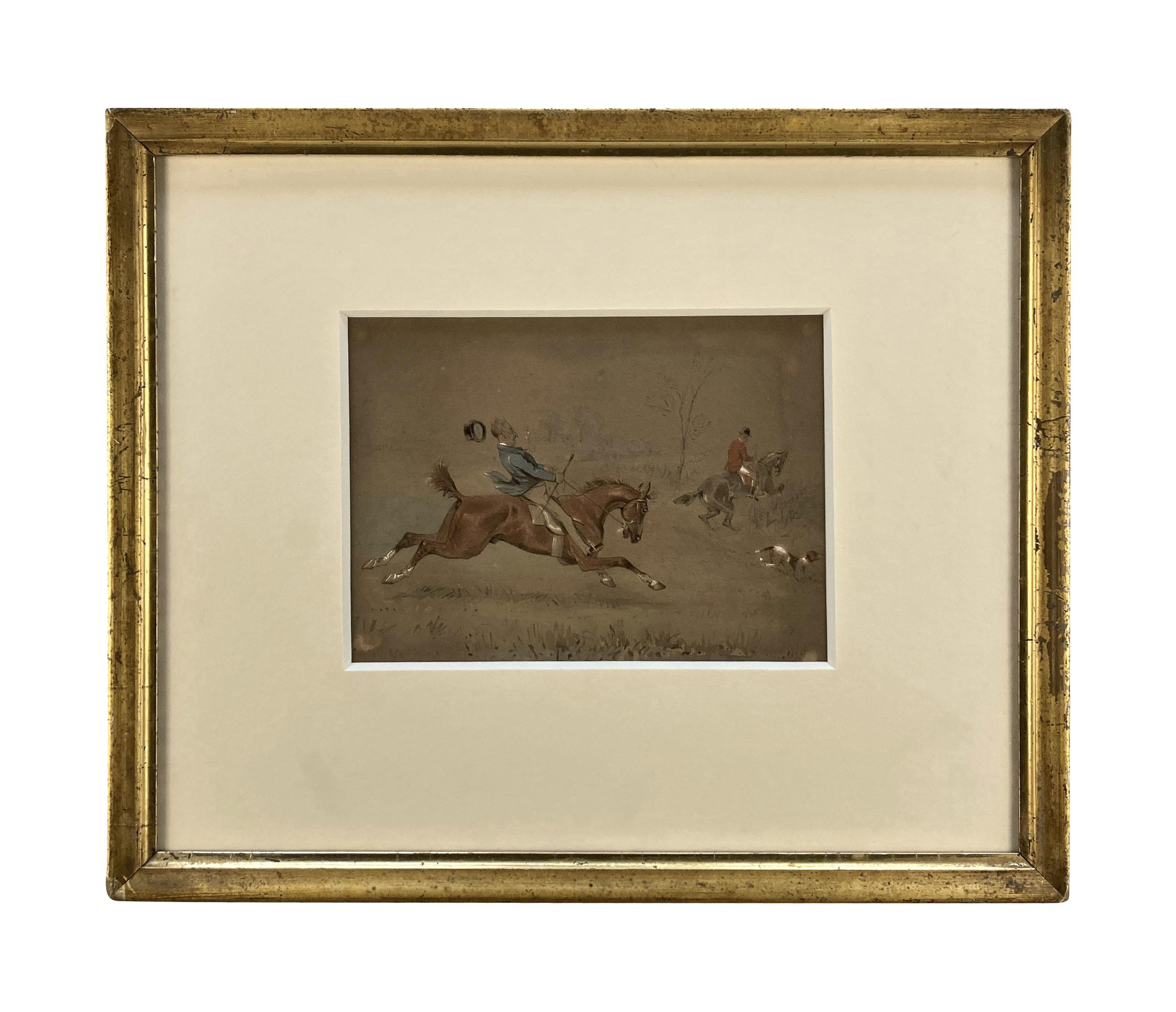 Paar gerahmte Aquarelle mit Blick auf eine Jagdszene (Englisch) im Angebot