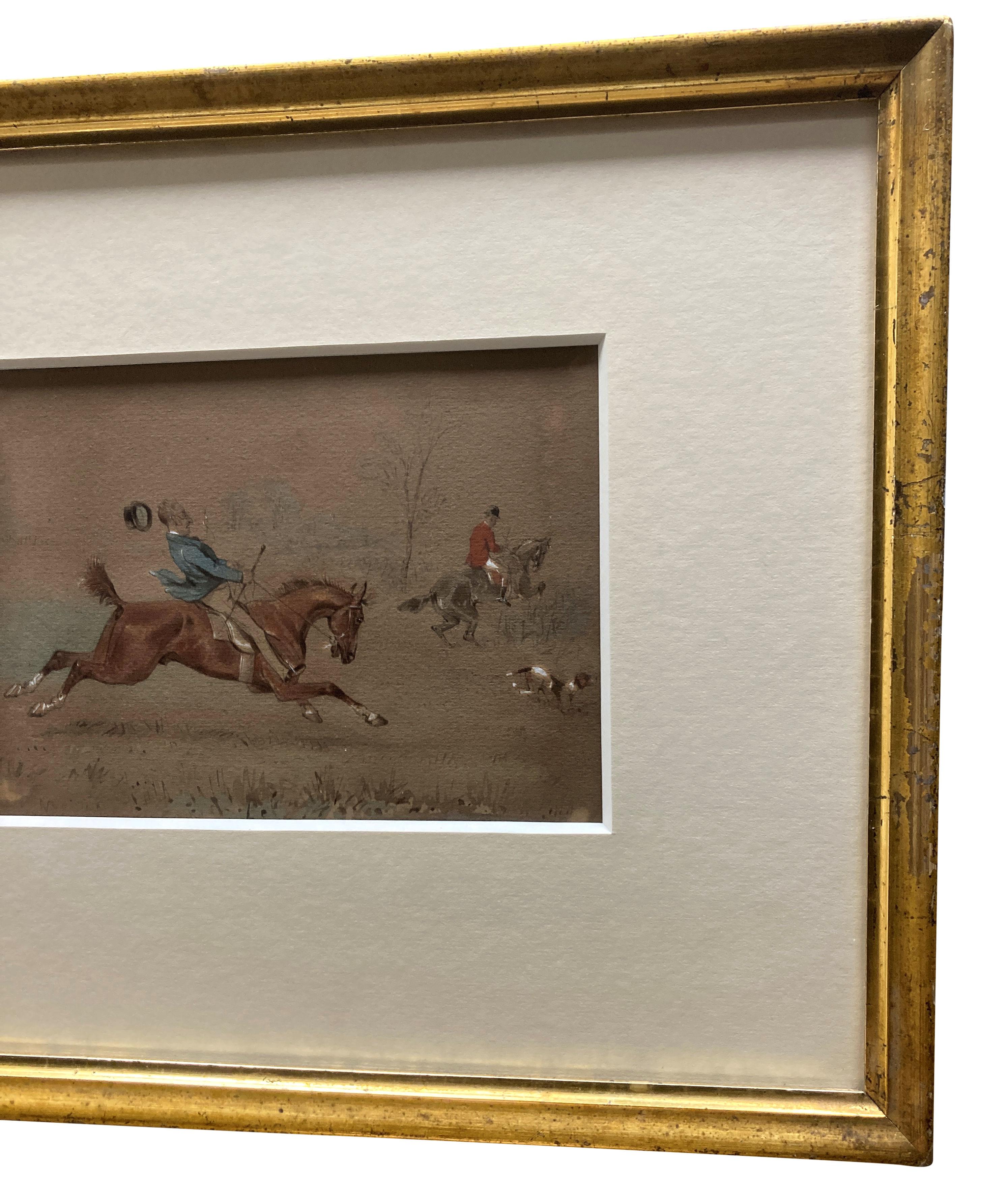 Paar gerahmte Aquarelle mit Blick auf eine Jagdszene (Geblasenes Glas) im Angebot