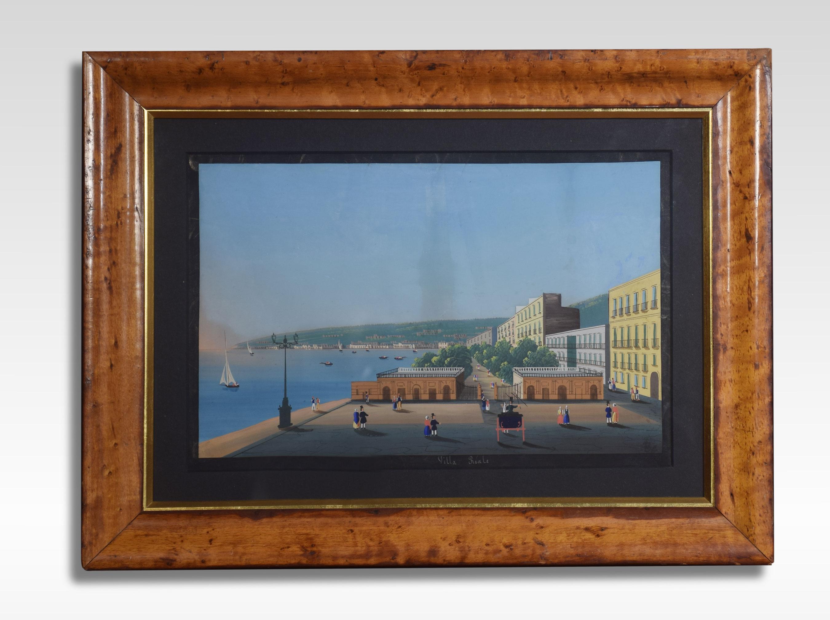 Pair of framed glazed Neapolitan gouache paintings, Napoli da Posillipo and Villa Reale in original maple frames.
Dimensions:
Height 16 inches
Width 21 inches
Depth 1 inches.
