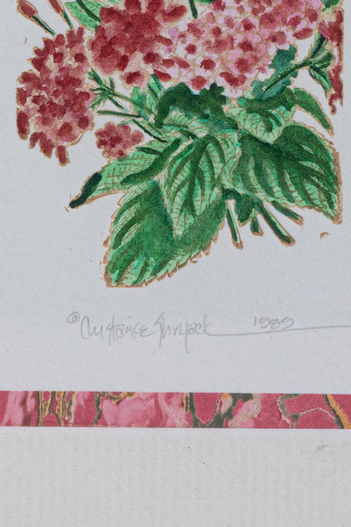 Ein Paar gerahmte handkolorierte Blumendrucke von Constance Kumpf, 1989-1990 (20. Jahrhundert) im Angebot